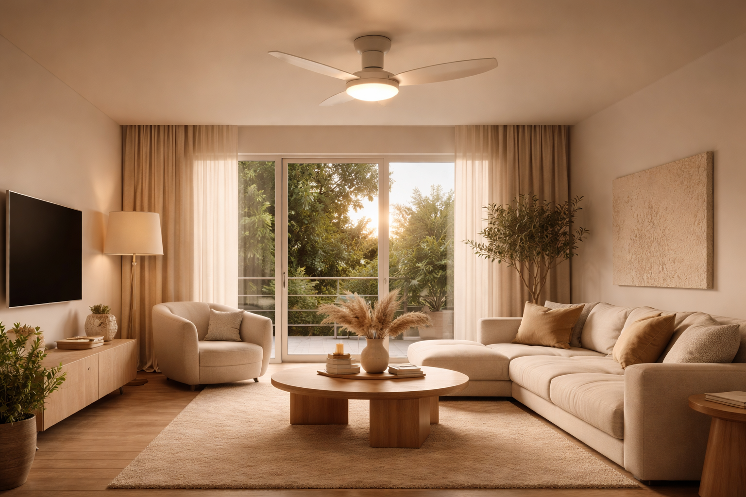 Inviting light and quiet air - ceiling fan with warm lighting