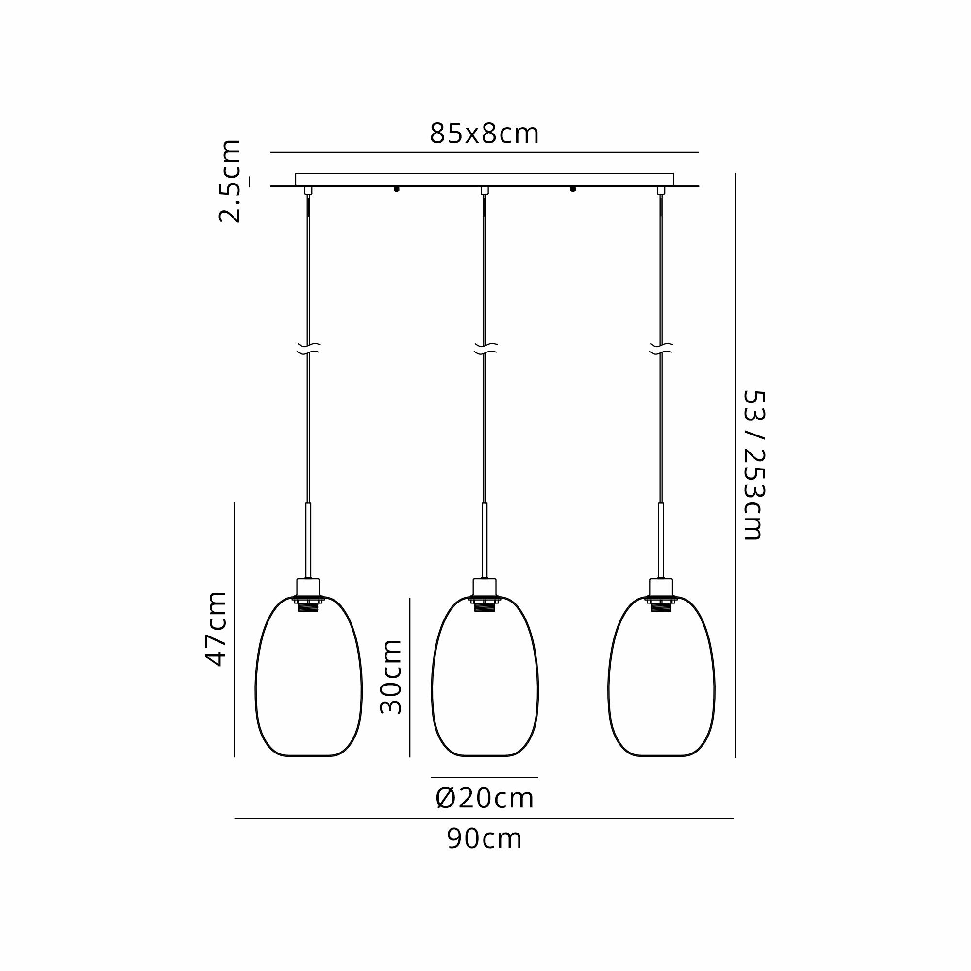 Lori Linear Pendant, 3 Light Adjustable E27, Antique Gold/Amber/Smoke Slim Curved Trapezium Shades
