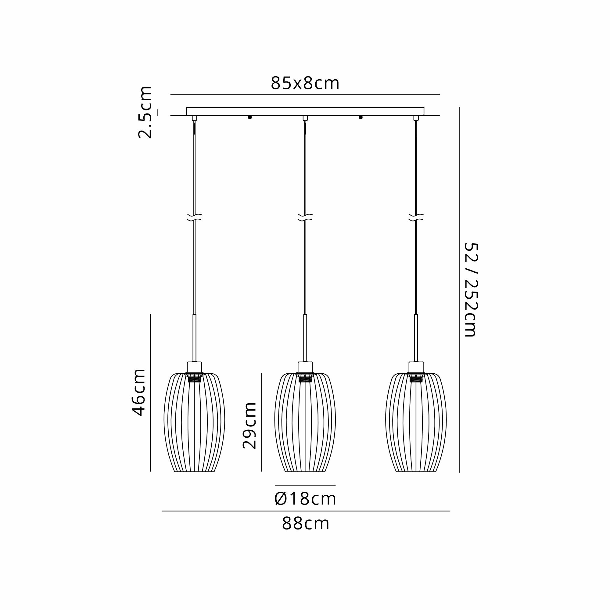 Lori Linear Pendant, 3 Light Adjustable E27, Antique Gold/Opal Ribbed Tubular Shades