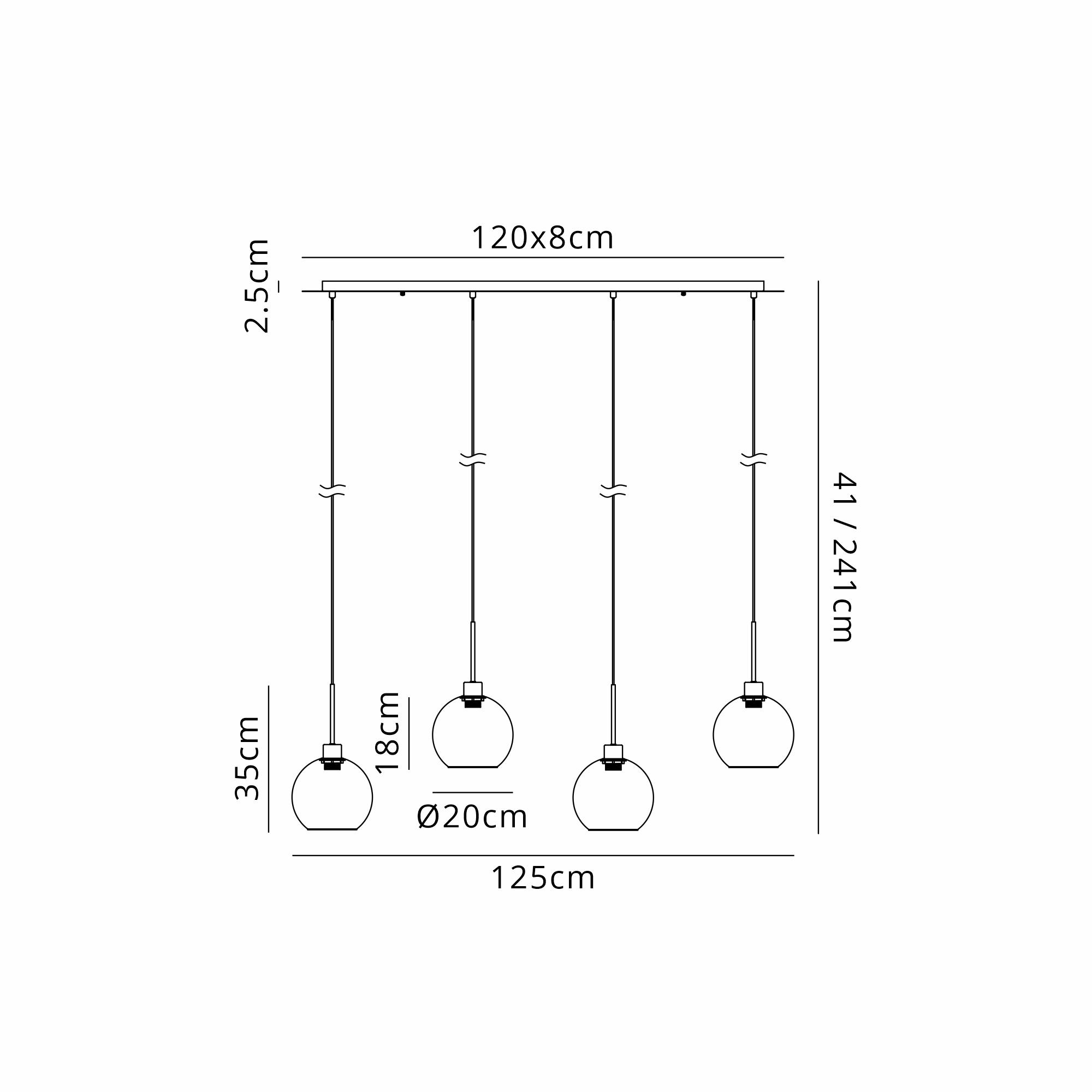 Lori Linear Pendant, 4 Light Adjustable E27, Antique Gold/Blue/Green/Pink/Smoke Open Mouth Round Globe Shades