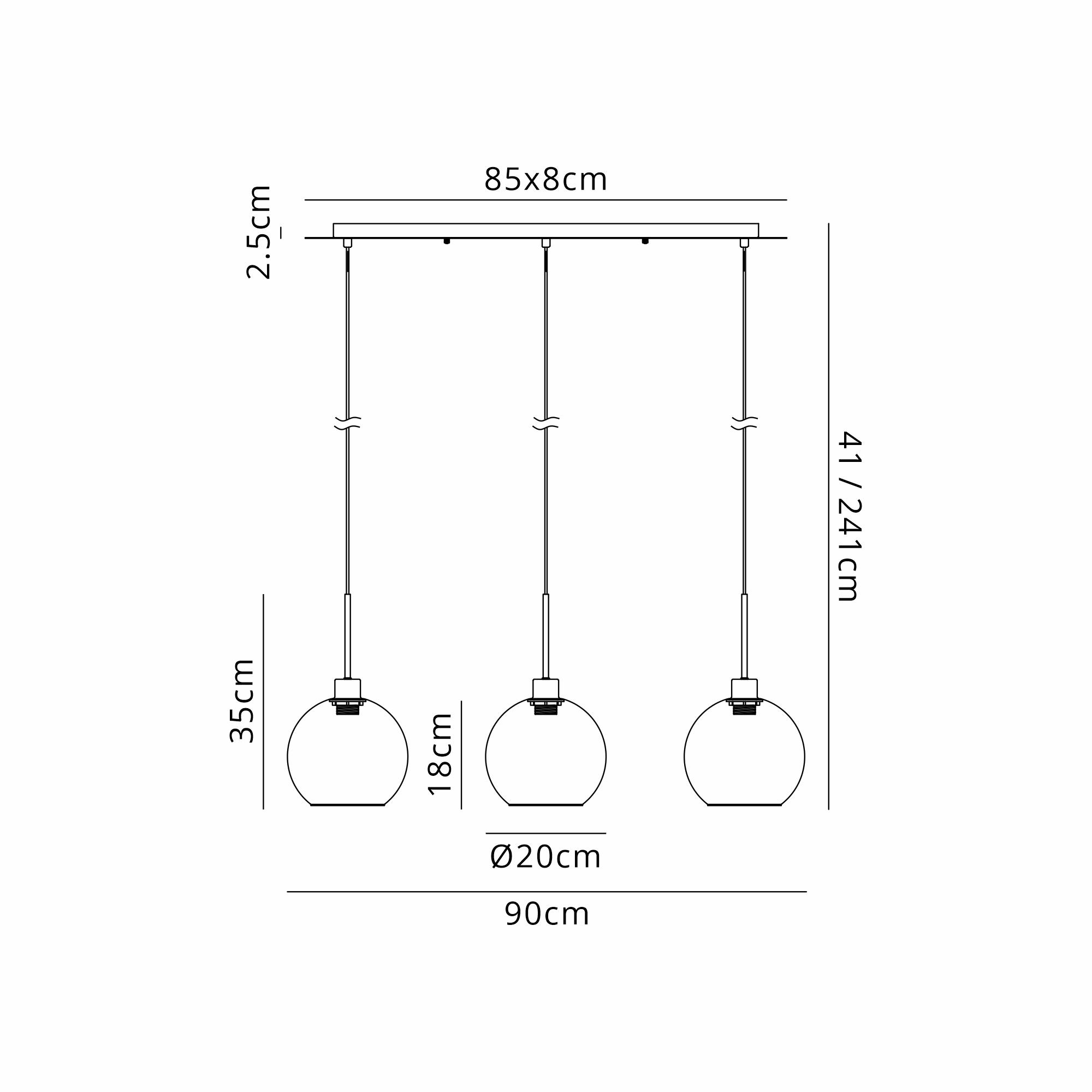 Lori Linear Pendant, 3 Light Adjustable E27, Polished Chrome/Clear Open Mouth Round Globe Shades
