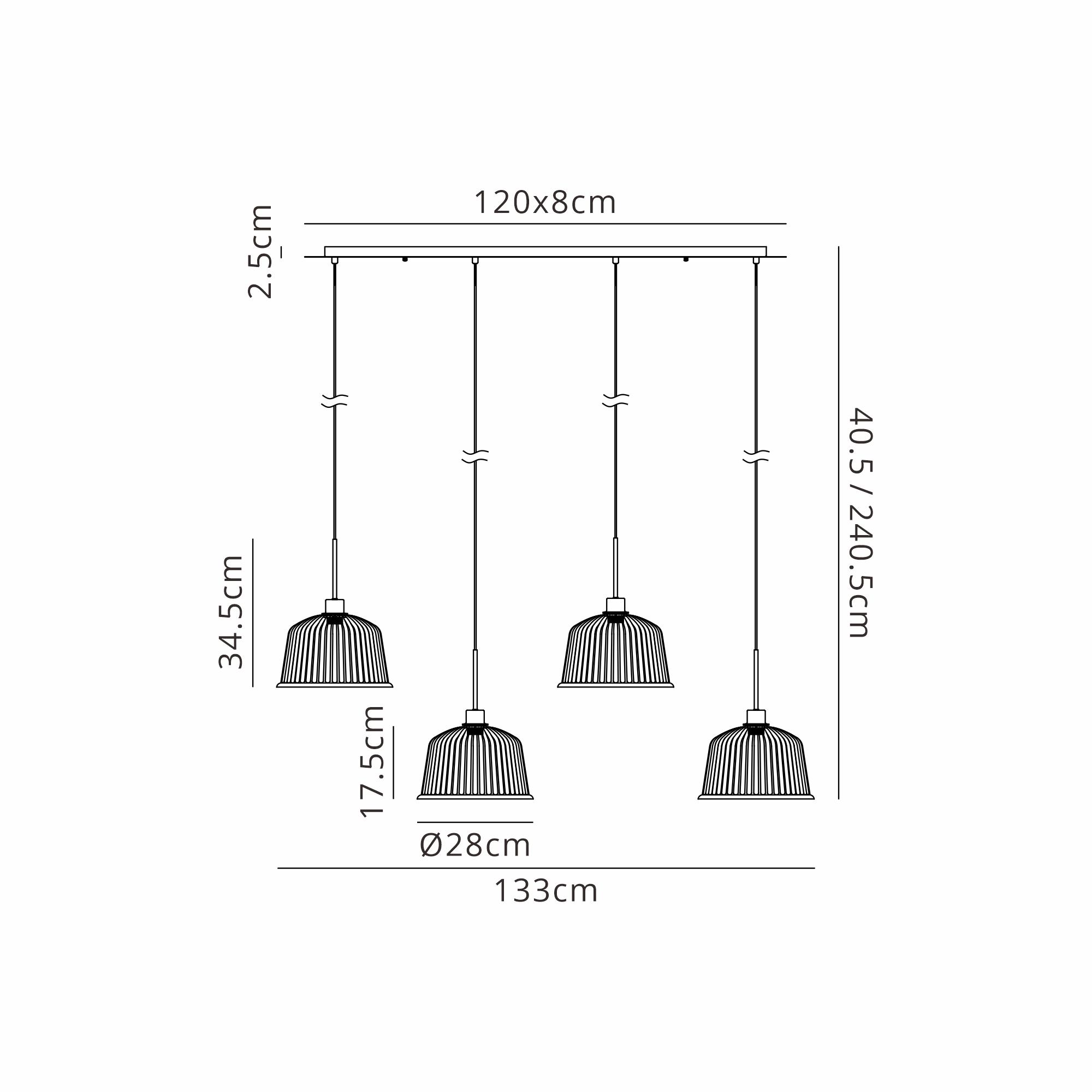Lori Linear Pendant, 4 Light Adjustable E27, Polished Chrome/Petrol Blue/Smoke Ribbed Dome Shades