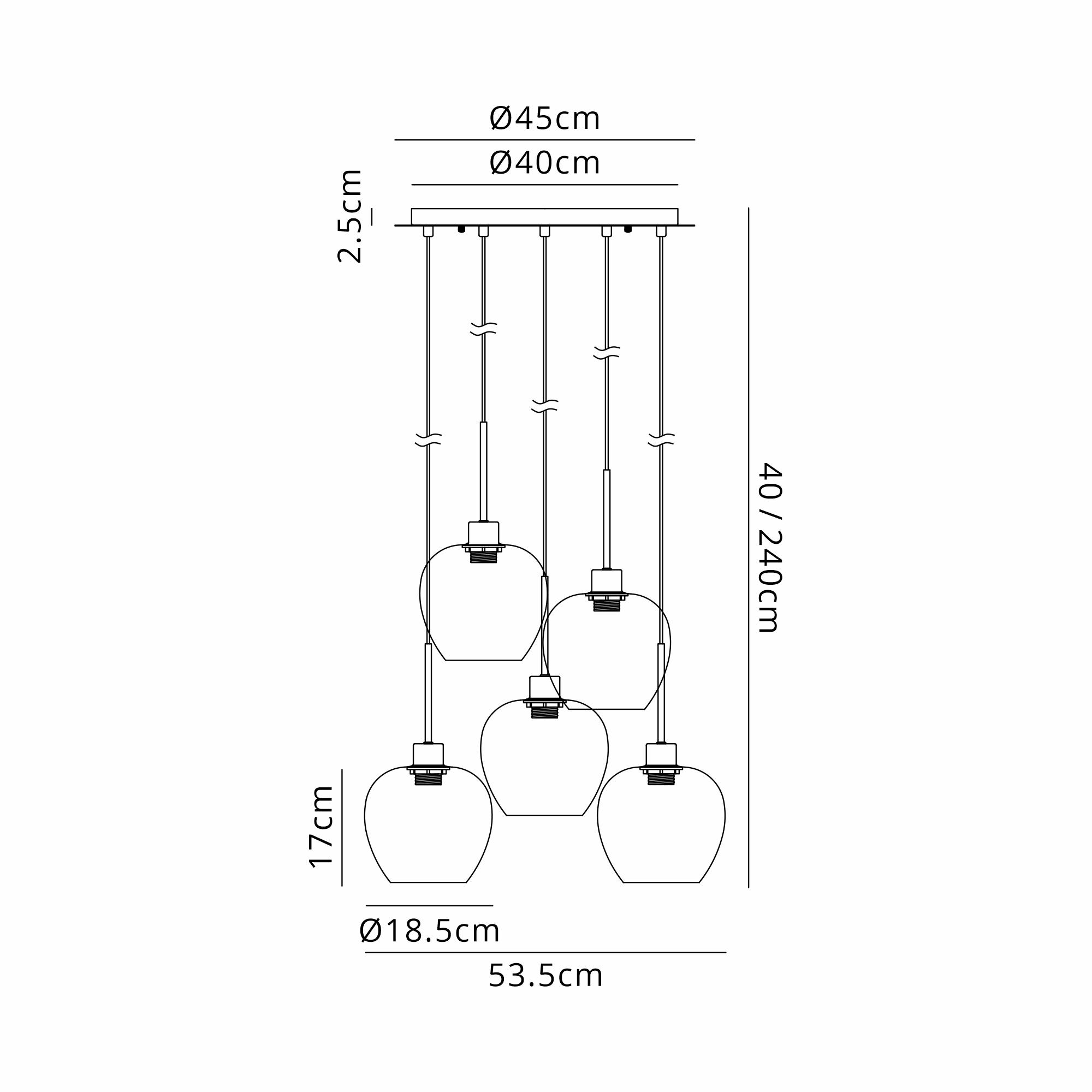 Lori 45cm Round Pendant, 5 Light Adjustable E27, Satin Nickel/Opal Wine Shades