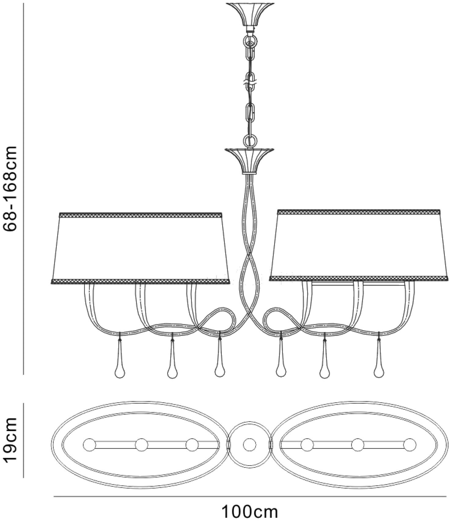 Paola Linear Pendant 2 Arm 6 Light E14, Gold Painted With Black Shades & Amber Glass Droplets