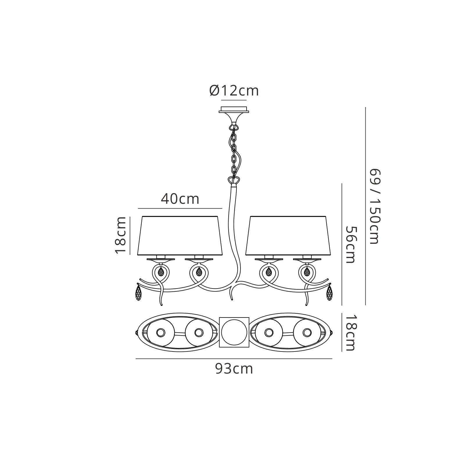 Louise Linear Pendant 2 Arm 4 Light E27 With White Oval Shades Polished Chrome / Clear Crystal
