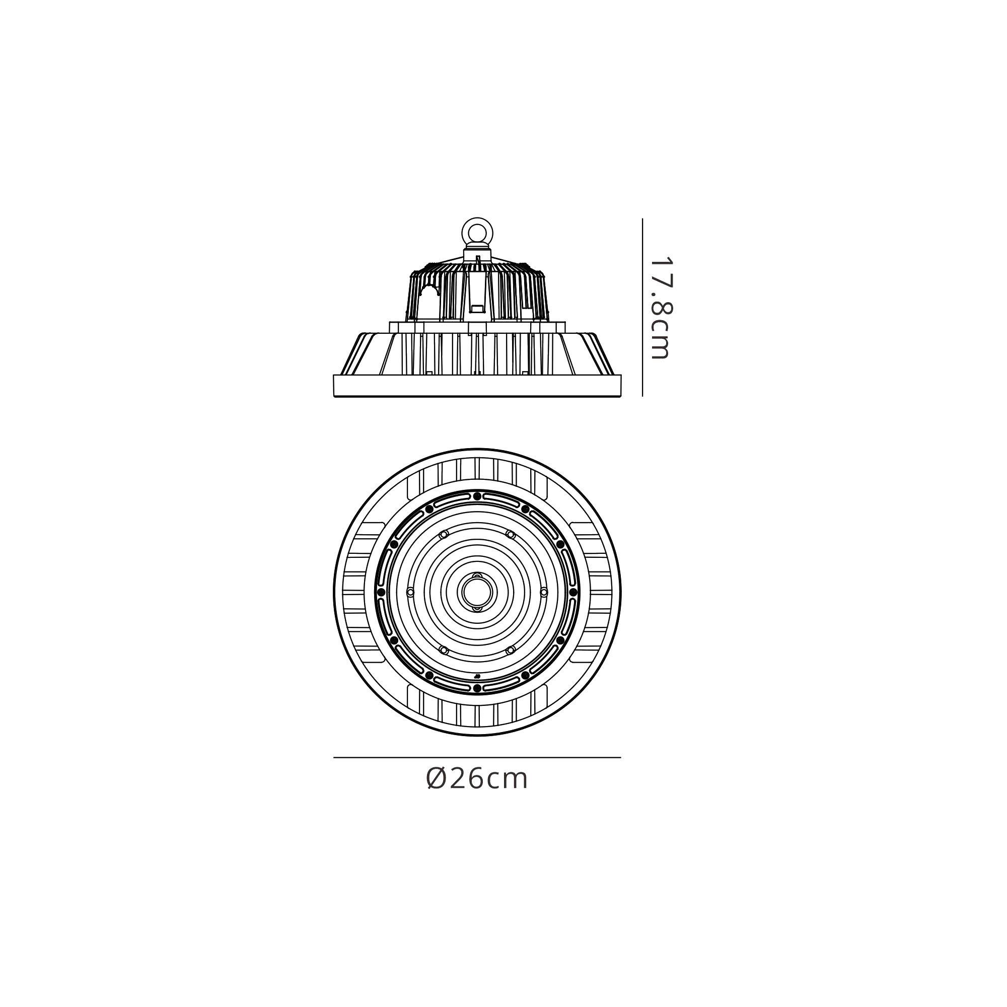 Urano 26cm UFO Bay Downlight, 150W LED 120º, 4000K, 21000lm, Black, IP65, 3yrs Warranty