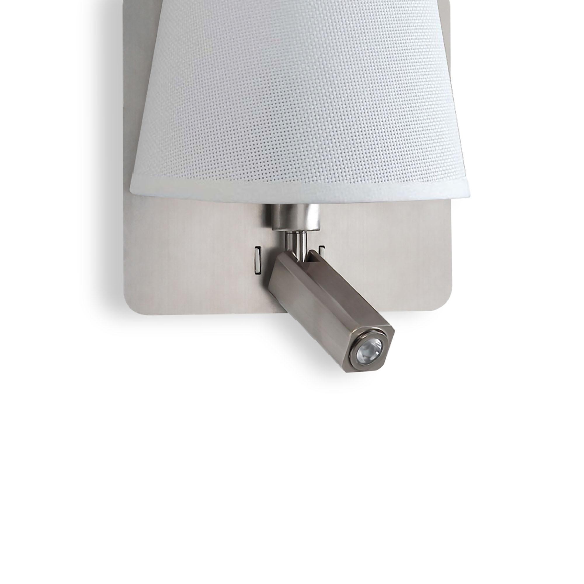 Bahia Wall Lamp With Large Back Plate 1 Light E27 + Reading Light 3W LED With White Shade Satin Nickel 4000K, 200lm, 3yrs Warranty