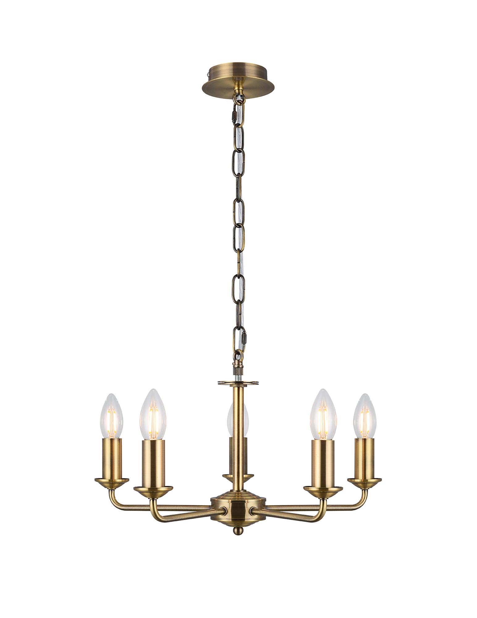 Banyan 5 Light Multi Arm Pendant, With 1.5m Chain, E14 Antique Brass With 60cm x 22cm Silver Leaf With White Lining Shade