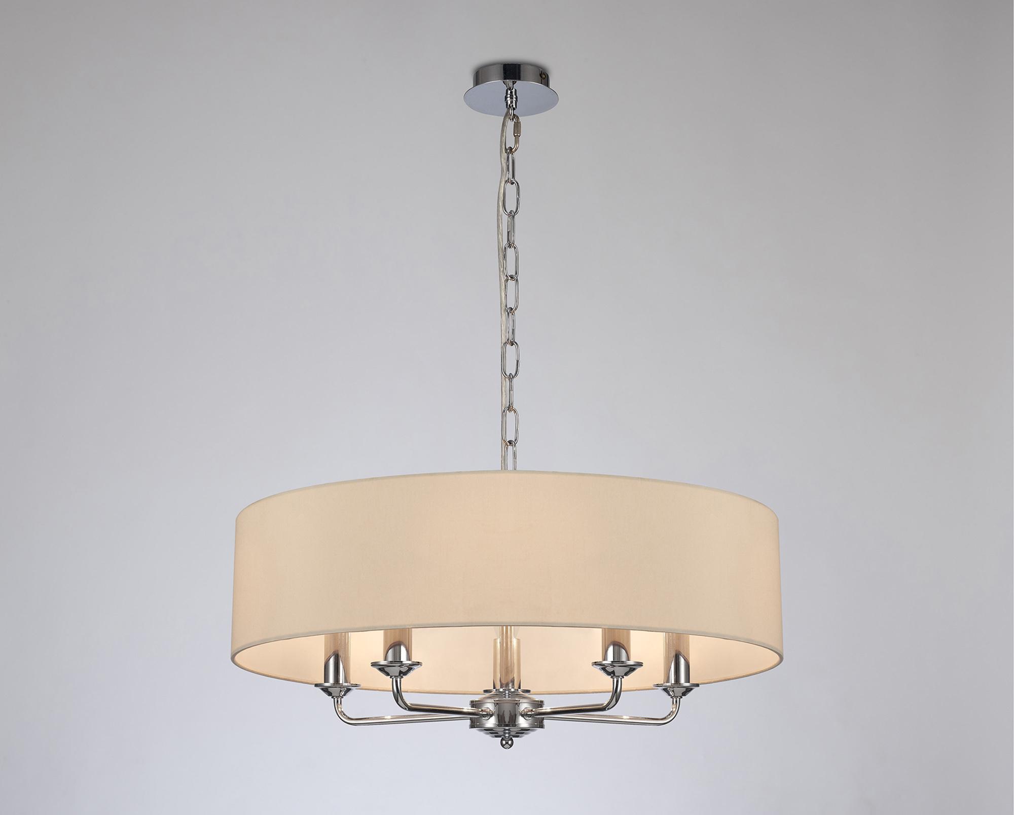 Banyan 5 Light Multi Arm Pendant, With 1.5m Chain, E14 Polished Chrome With 60cm x 15cm Faux Silk Shade, Ivory Pearl/White Laminate