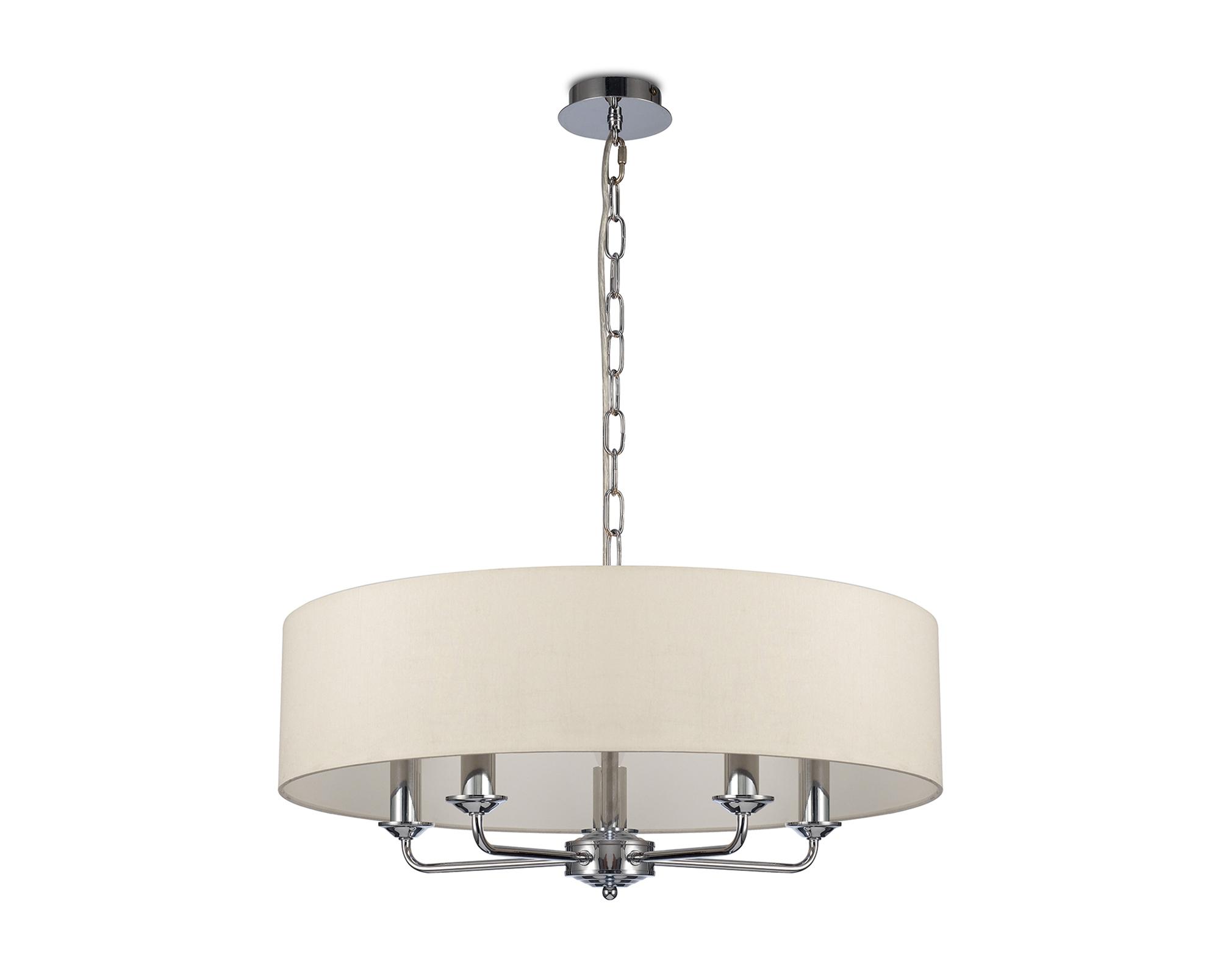 Banyan 5 Light Multi Arm Pendant, With 1.5m Chain, E14 Polished Chrome With 60cm x 15cm Faux Silk Shade, Ivory Pearl/White Laminate