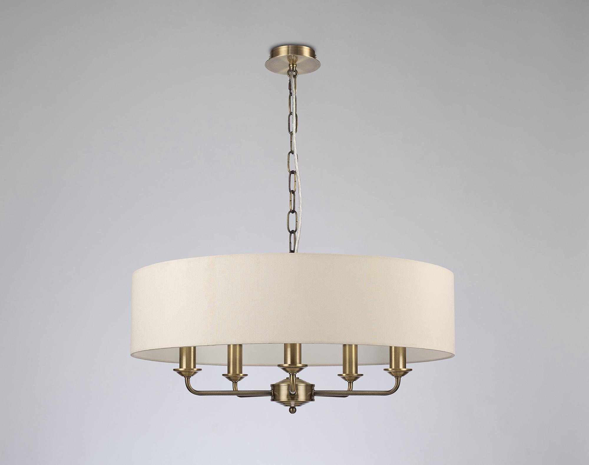 Banyan 5 Light Multi Arm Pendant, With 1.5m Chain, E14 Antique Brass With 60cm x 15cm Faux Silk Shade, Ivory Pearl/White Laminate
