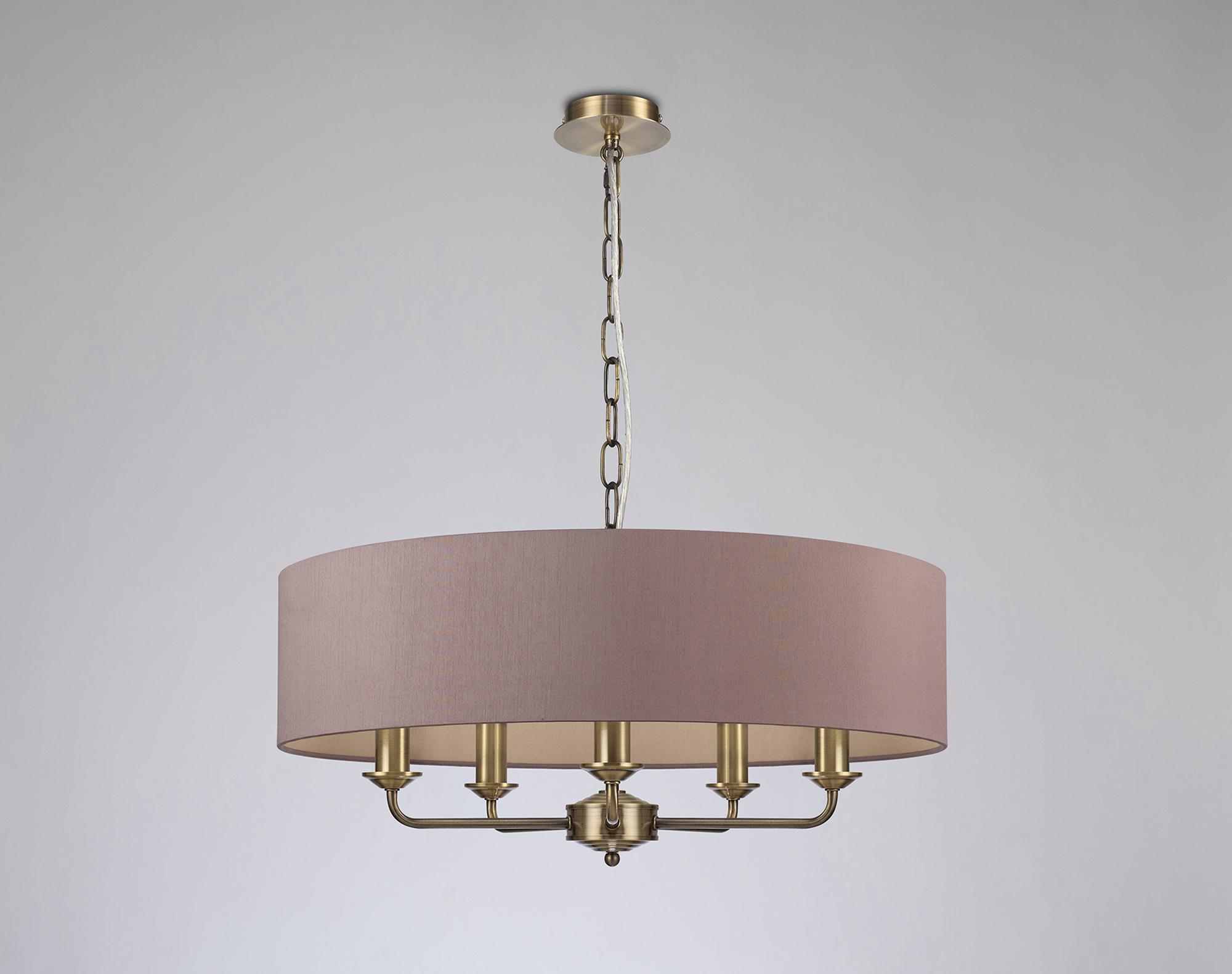 Banyan 5 Light Multi Arm Pendant, With 1.5m Chain, E14 Antique Brass With 60cm x 15cm Dual Faux Silk Shade, Taupe/Halo Gold
