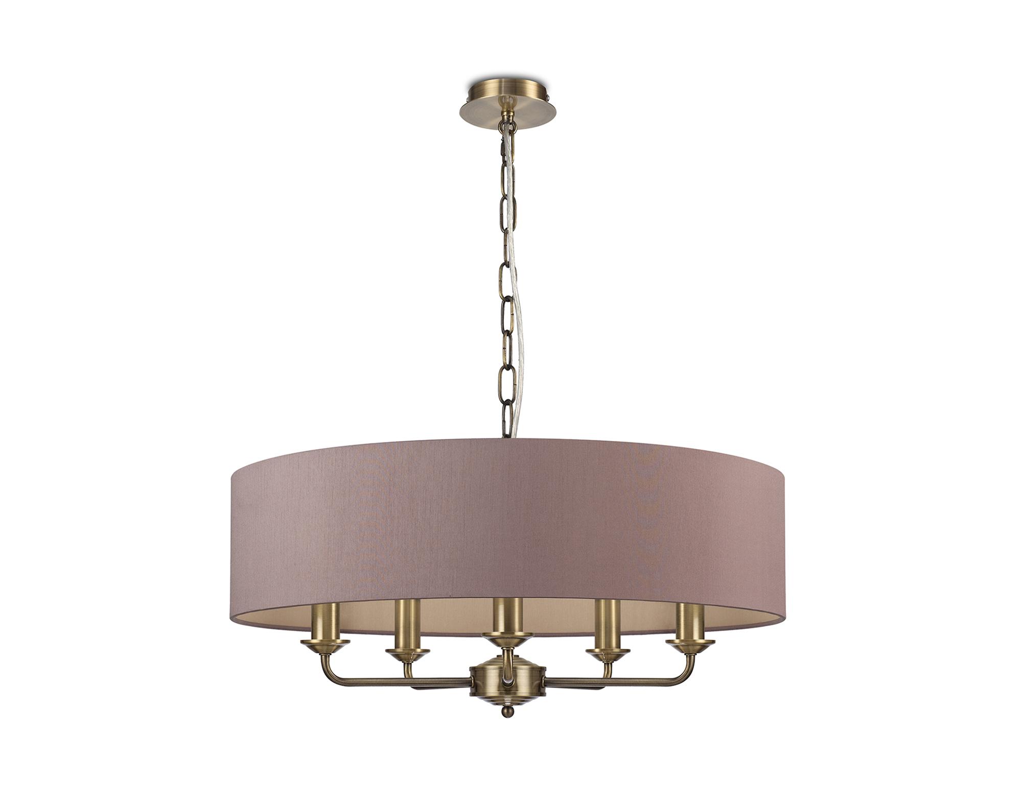 Banyan 5 Light Multi Arm Pendant, With 1.5m Chain, E14 Antique Brass With 60cm x 15cm Dual Faux Silk Shade, Taupe/Halo Gold