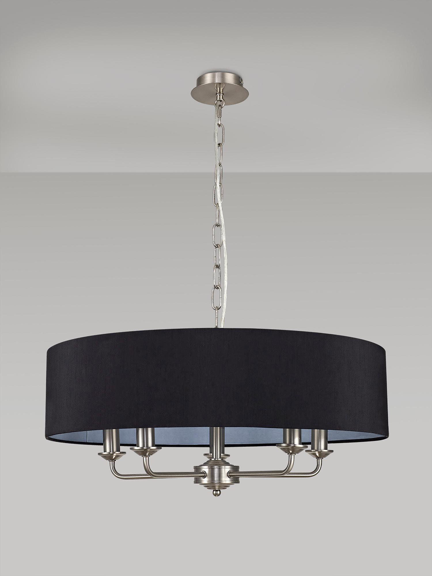 Banyan 5 Light Multi Arm Pendant, With 1.5m Chain, E14 Satin Nickel With 60cm x 15cm Faux Silk Shade, black