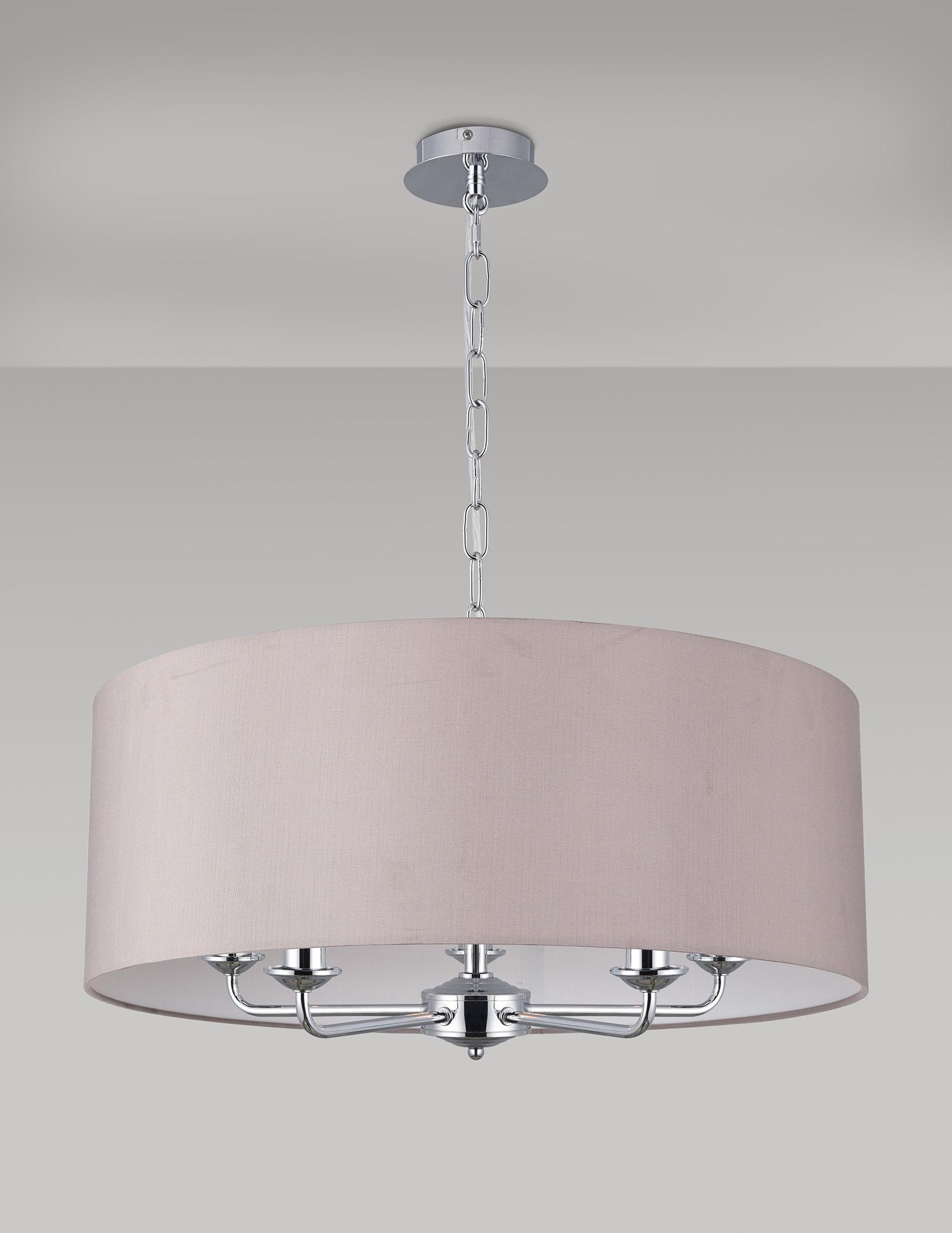 Banyan 5 Light Multi Arm Pendant, With 1.5m Chain, E14 Polished Chrome With 60cm x 22cm Faux Silk Shade, Grey/White Laminate