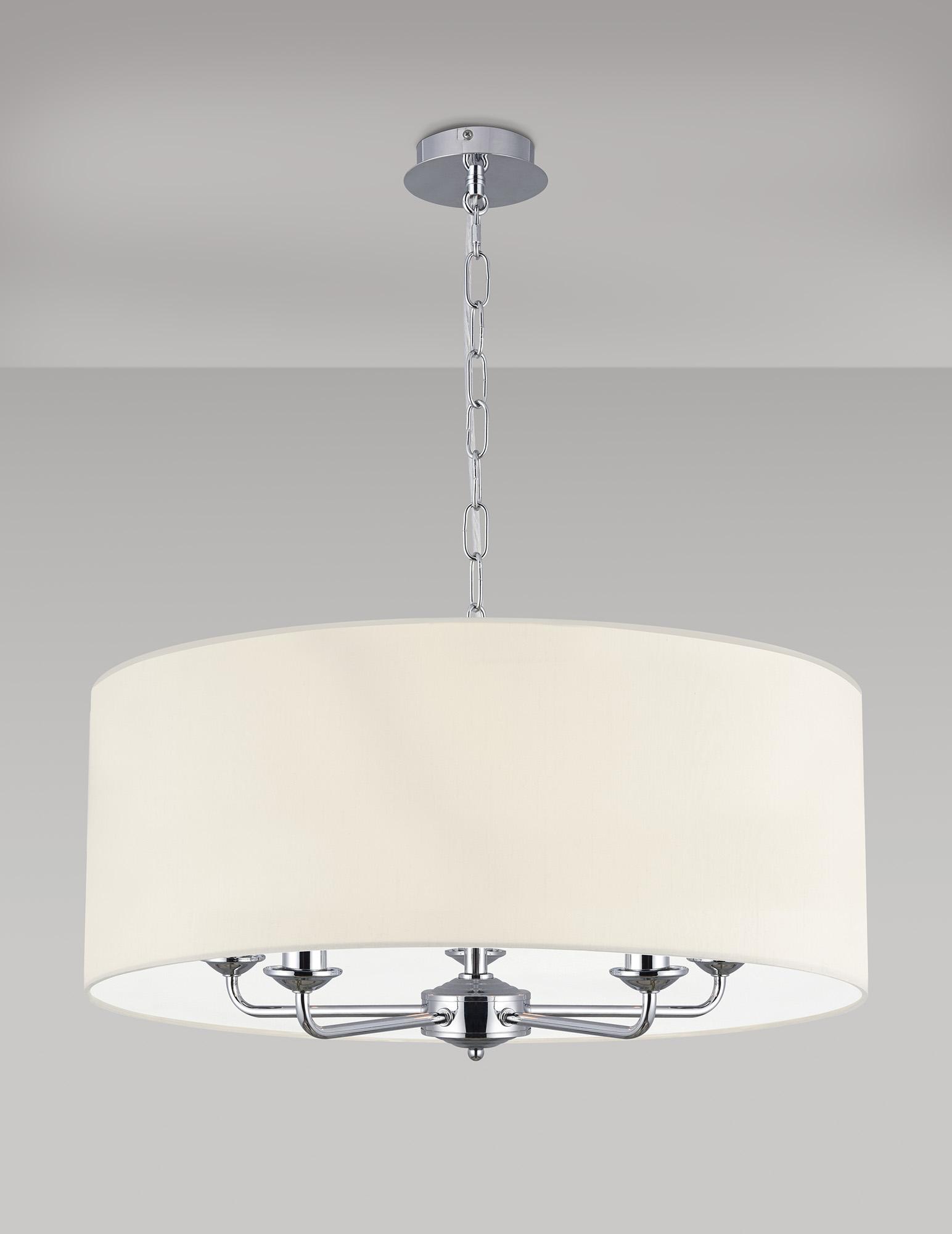 Banyan 5 Light Multi Arm Pendant, With 1.5m Chain, E14 Polished Chrome With 60cm x 22cm Faux Silk Shade, Ivory Pearl/White Laminate