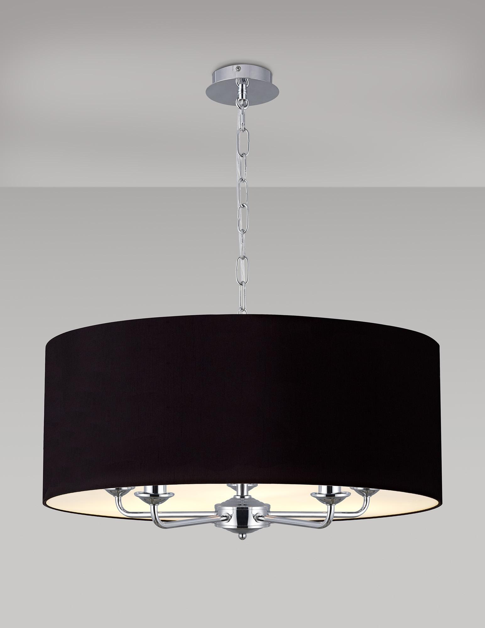 Banyan 5 Light Multi Arm Pendant, With 1.5m Chain, E14 Polished Chrome With 60cm x 22cm Dual Faux Silk Shade, Black/Green Olive