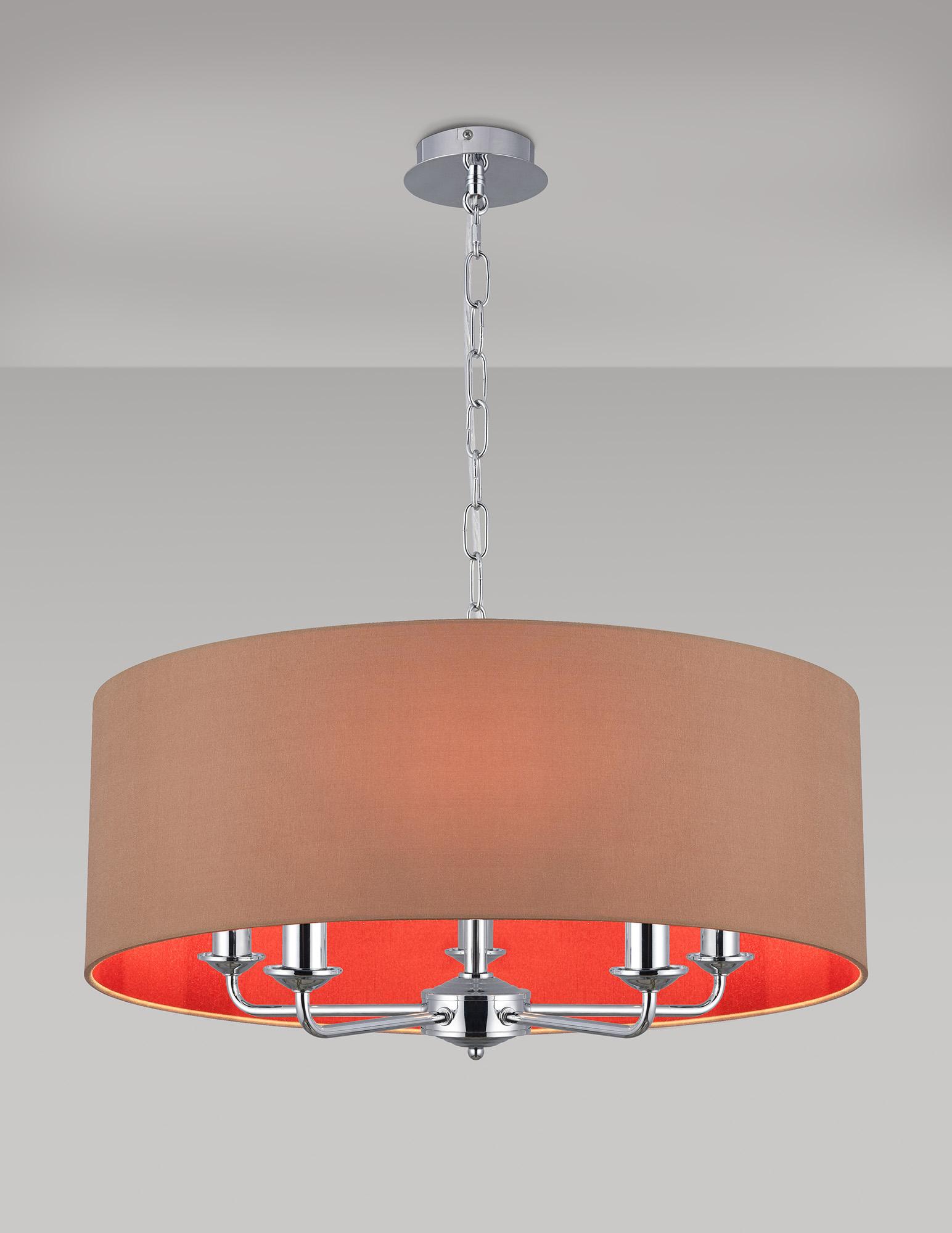 Banyan 5 Light Multi Arm Pendant, With 1.5m Chain, E14 Polished Chrome With 60cm x 22cm Dual Faux Silk Shade, Antique Gold/Ruby