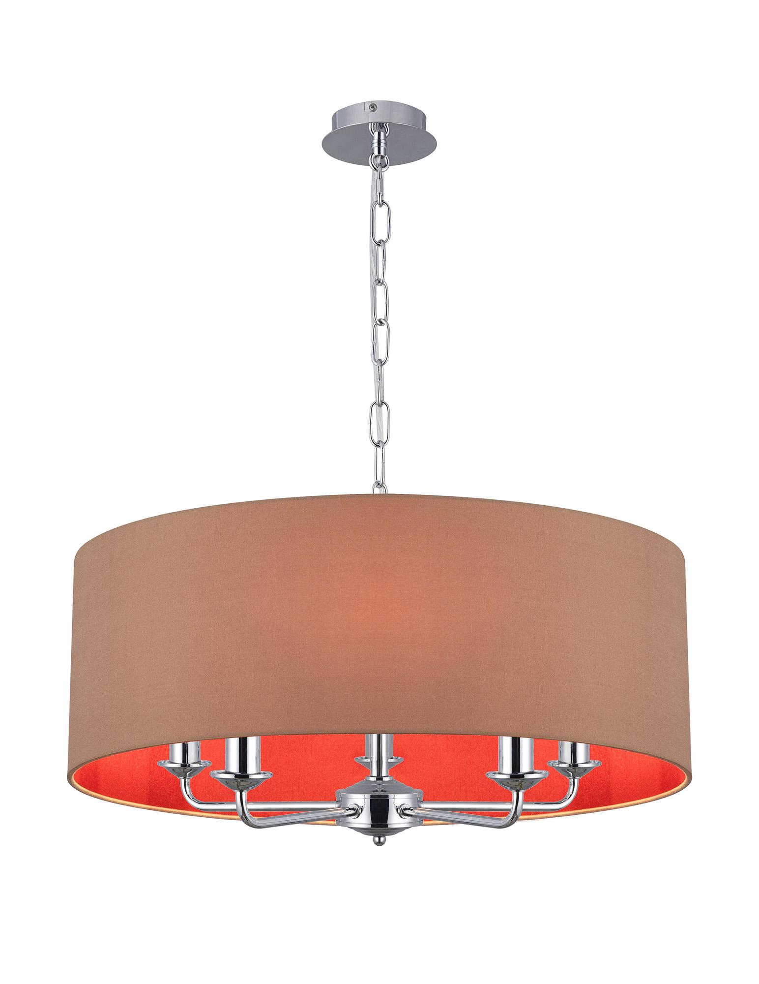 Banyan 5 Light Multi Arm Pendant, With 1.5m Chain, E14 Polished Chrome With 60cm x 22cm Dual Faux Silk Shade, Antique Gold/Ruby