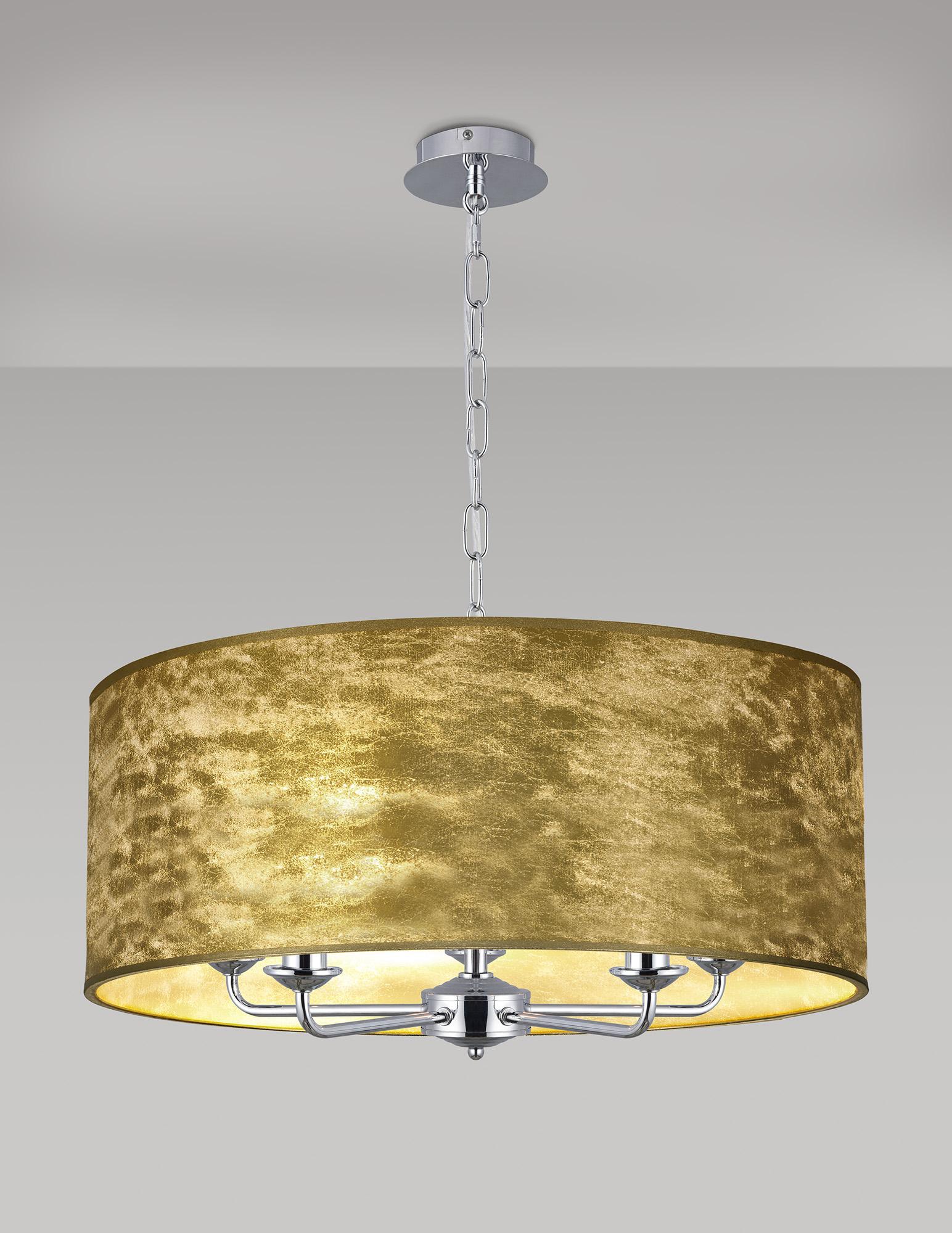 Banyan 5 Light Multi Arm Pendant, With 1.5m Chain, E14 Polished Chrome With 60cm x 22cm Gold Leaf With White Lining Shade
