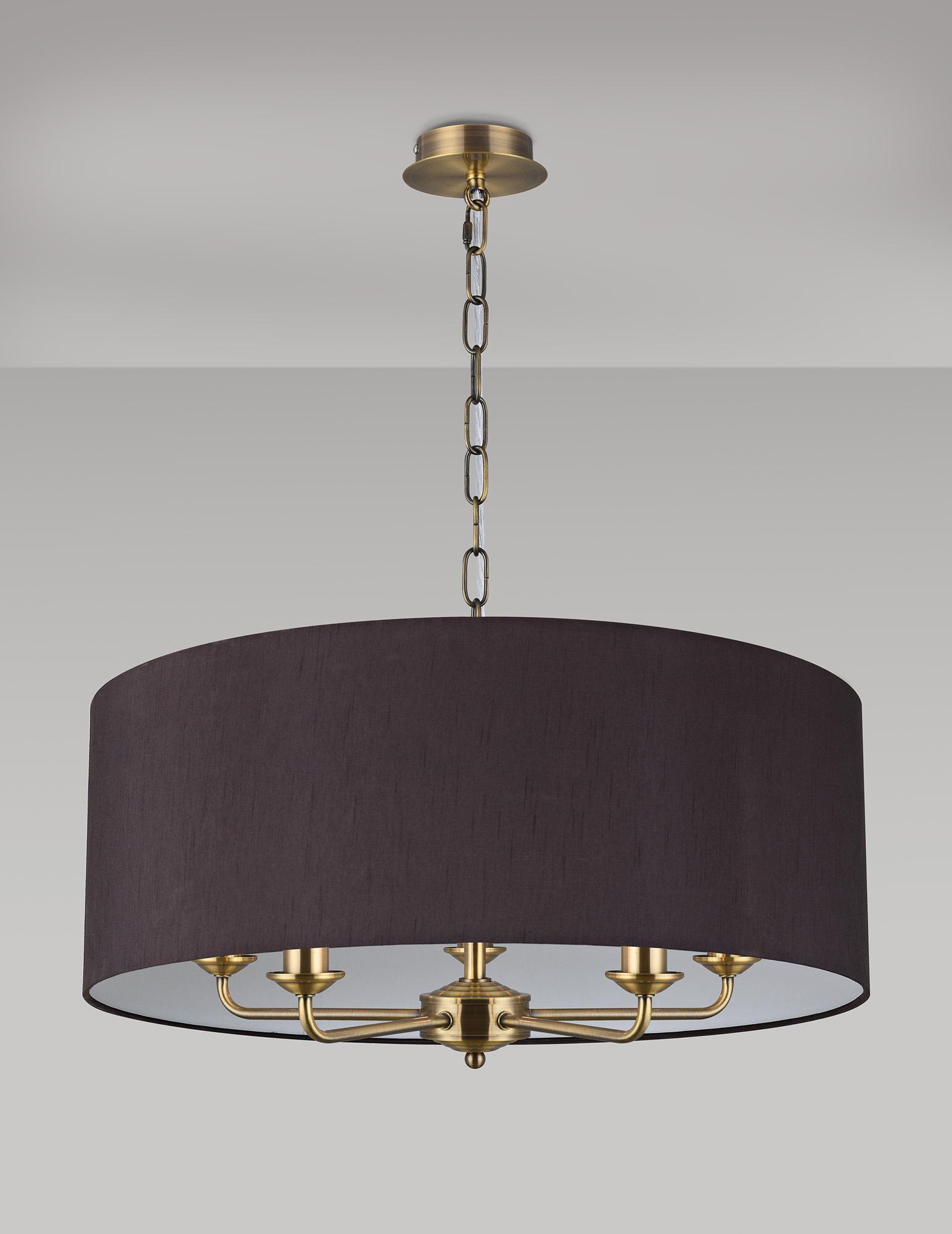 Banyan 5 Light Multi Arm Pendant, With 1.5m Chain, E14 Antique Brass With 60cm x 22cm Faux Silk Shade, Black/White Laminate