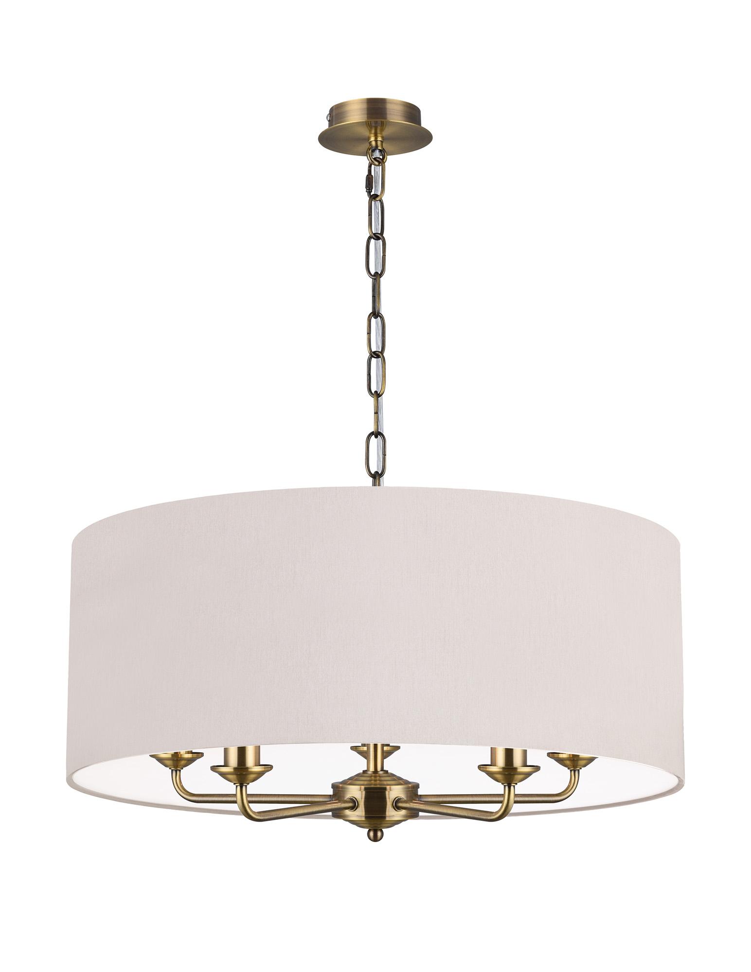 Banyan 5 Light Multi Arm Pendant, With 1.5m Chain, E14 Antique Brass With 60cm x 22cm Dual Faux Silk Shade, Nude Beige/Moonlight