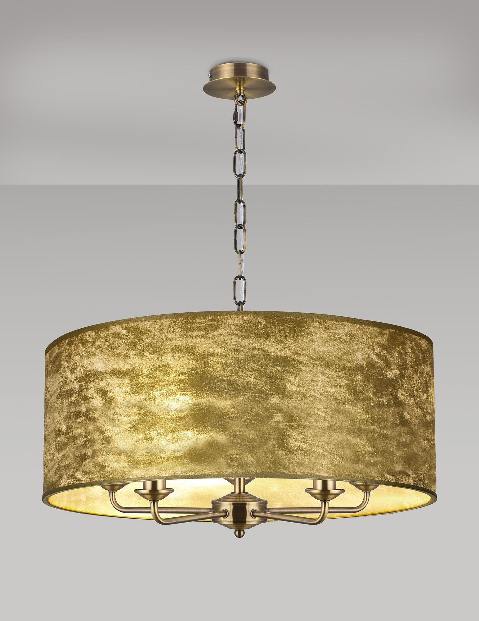 Banyan 5 Light Multi Arm Pendant, With 1.5m Chain, E14 Antique Brass With 60cm x 22cm Gold Leaf With White Lining Shade