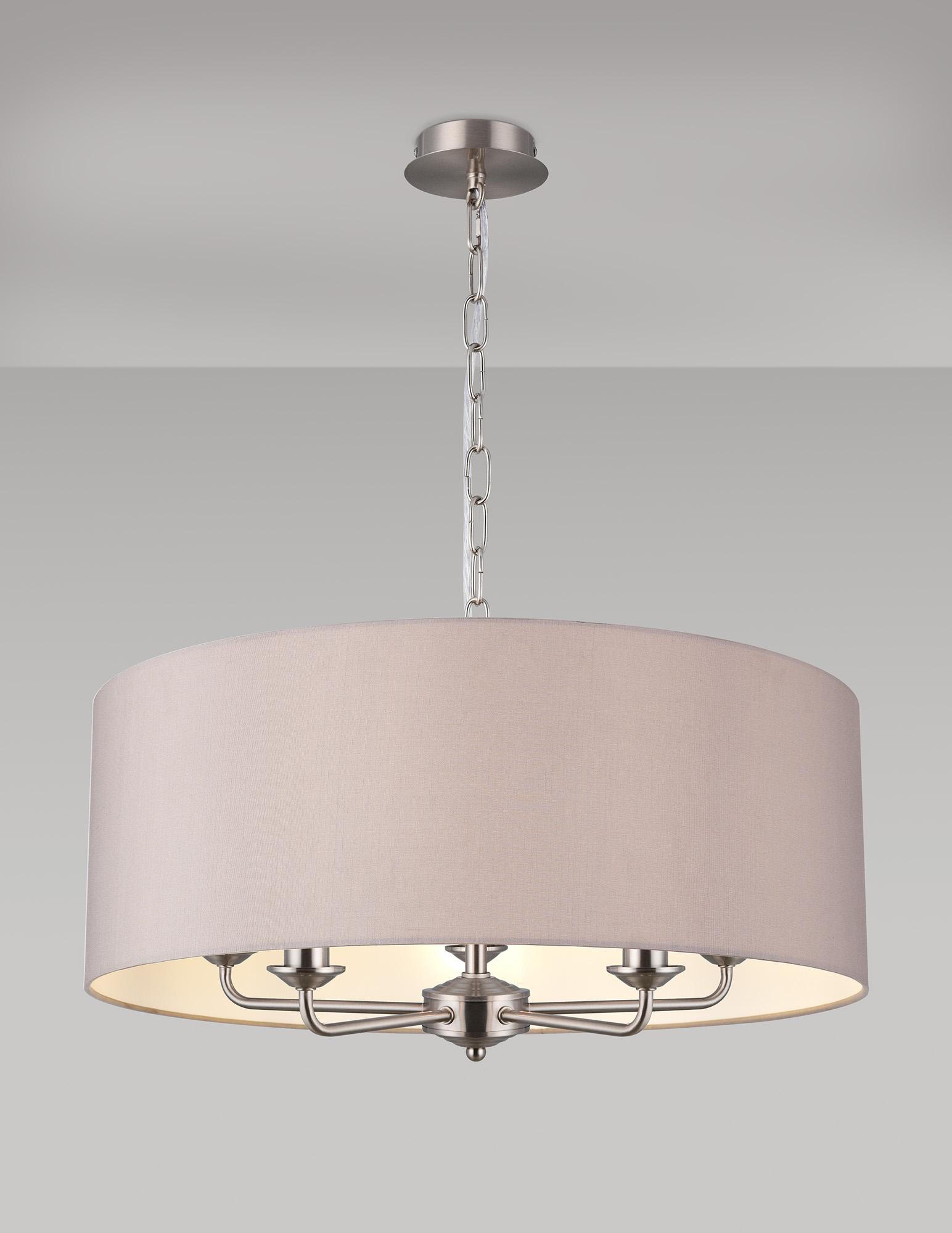 Banyan 5 Light Multi Arm Pendant, With 1.5m Chain, E14 Satin Nickel With 60cm x 22cm Faux Silk Shade, Grey/White Laminate