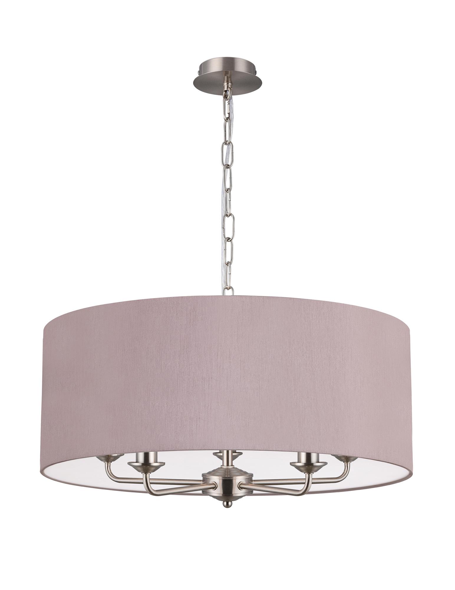 Banyan 5 Light Multi Arm Pendant, With 1.5m Chain, E14 Satin Nickel With 60cm x 22cm Dual Faux Silk Shade, Taupe/Halo Gold