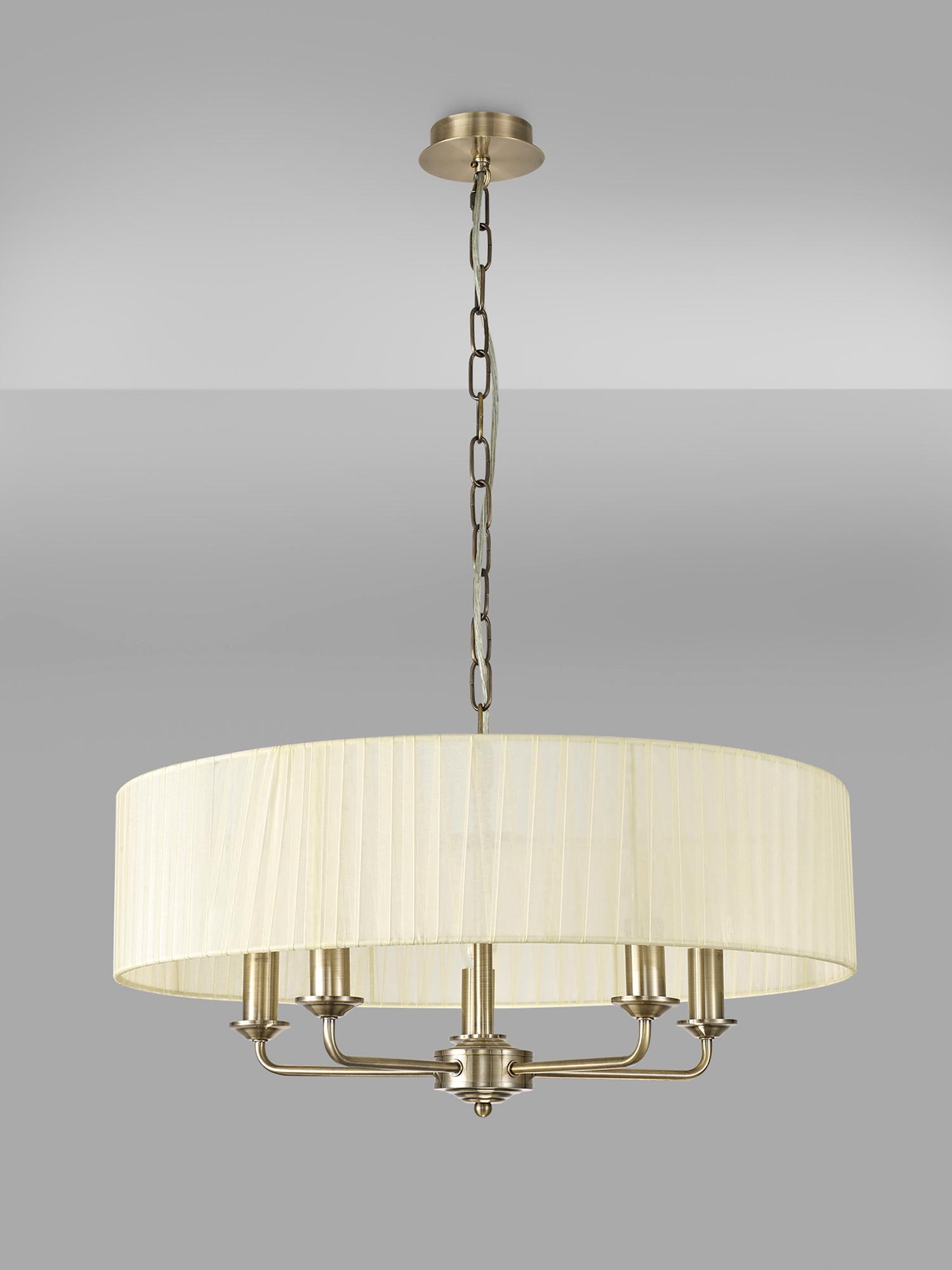 Banyan 5 Light Multi Arm Pendant With 60cm x 15cm Organza Shade Antique Brass/Cream