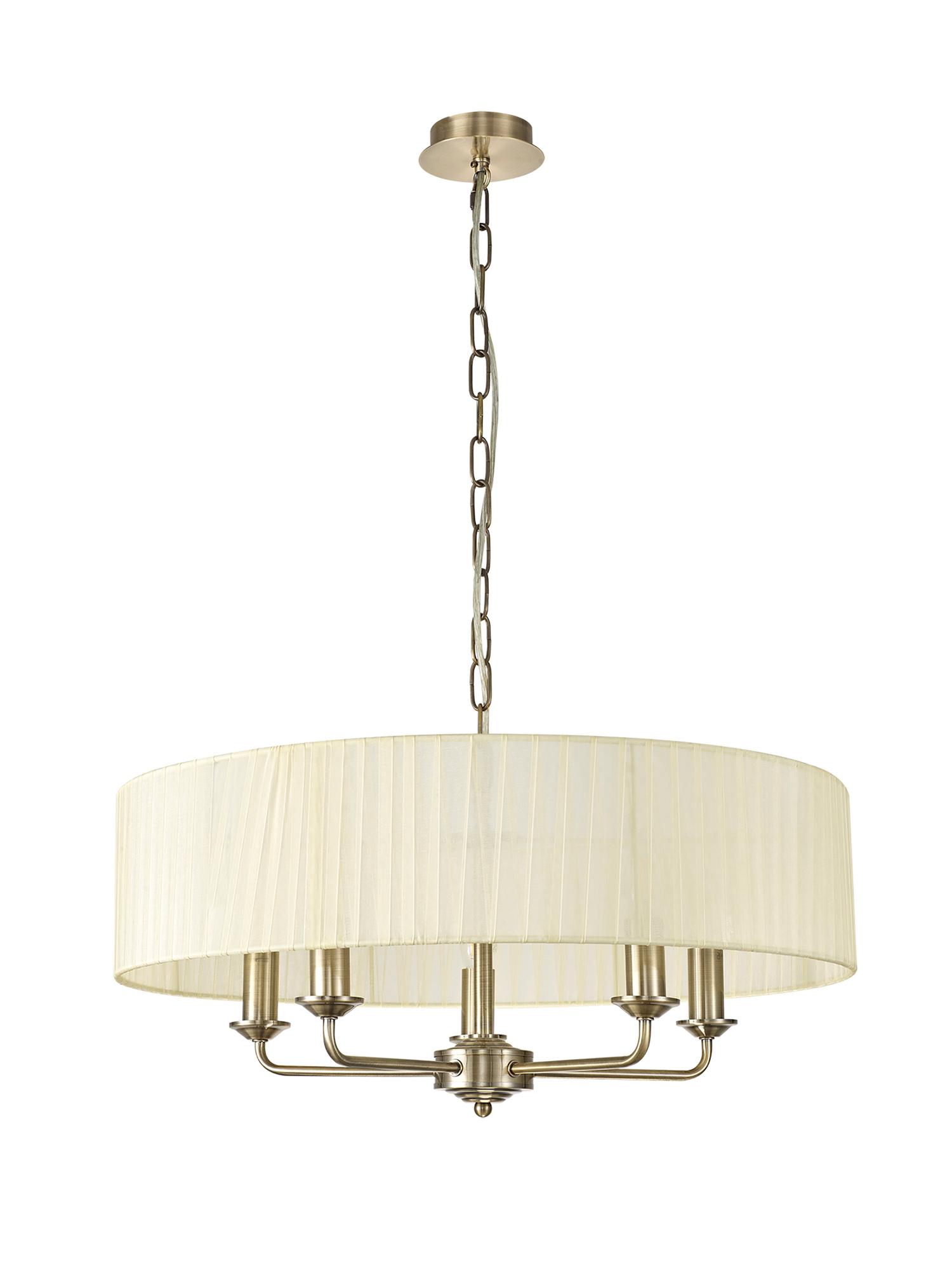 Banyan 5 Light Multi Arm Pendant With 60cm x 15cm Organza Shade Antique Brass/Cream
