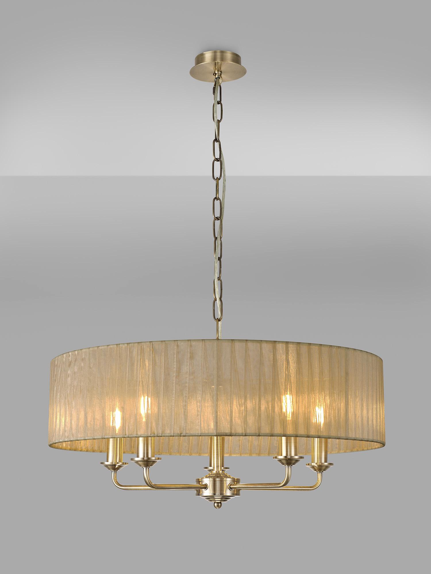 Banyan 5 Light Multi Arm Pendant With 60cm x 15cm Organza Shade Antique Brass/Soft Bronze