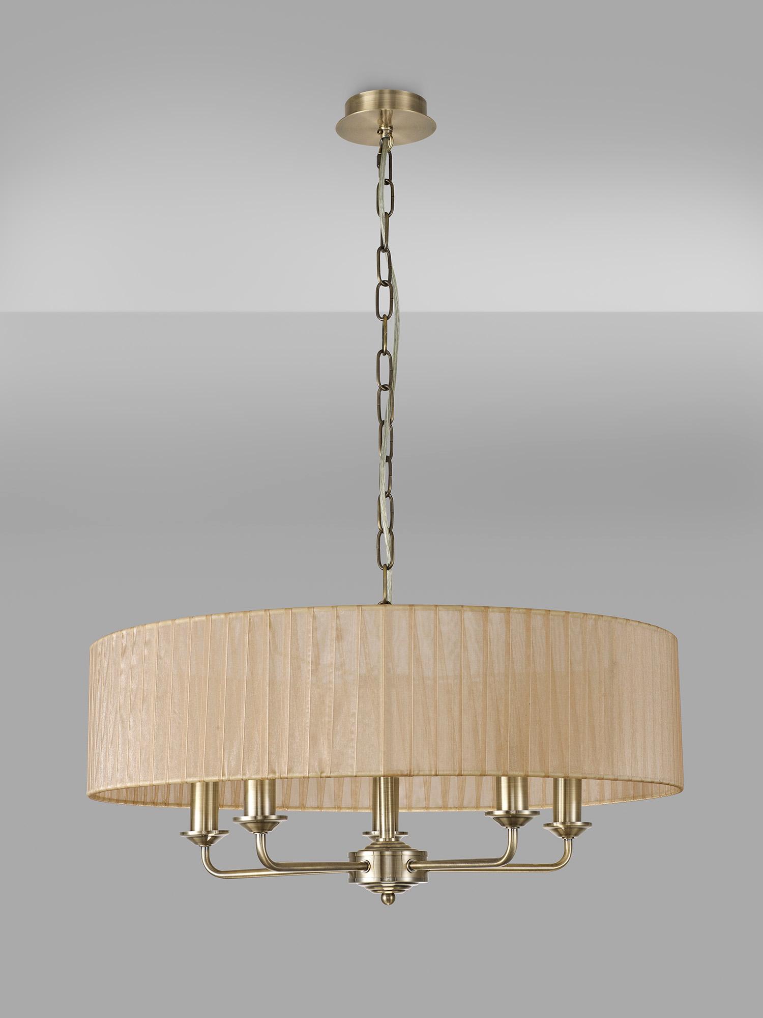 Banyan 5 Light Multi Arm Pendant With 60cm x 15cm Organza Shade Antique Brass/Soft Bronze