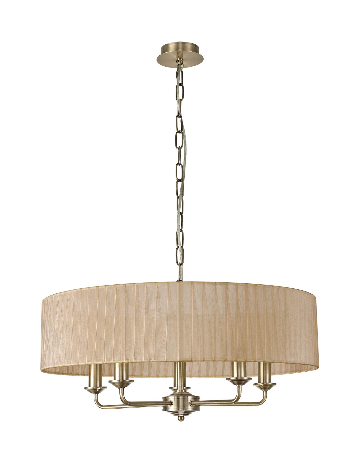Banyan 5 Light Multi Arm Pendant With 60cm x 15cm Organza Shade Antique Brass/Soft Bronze