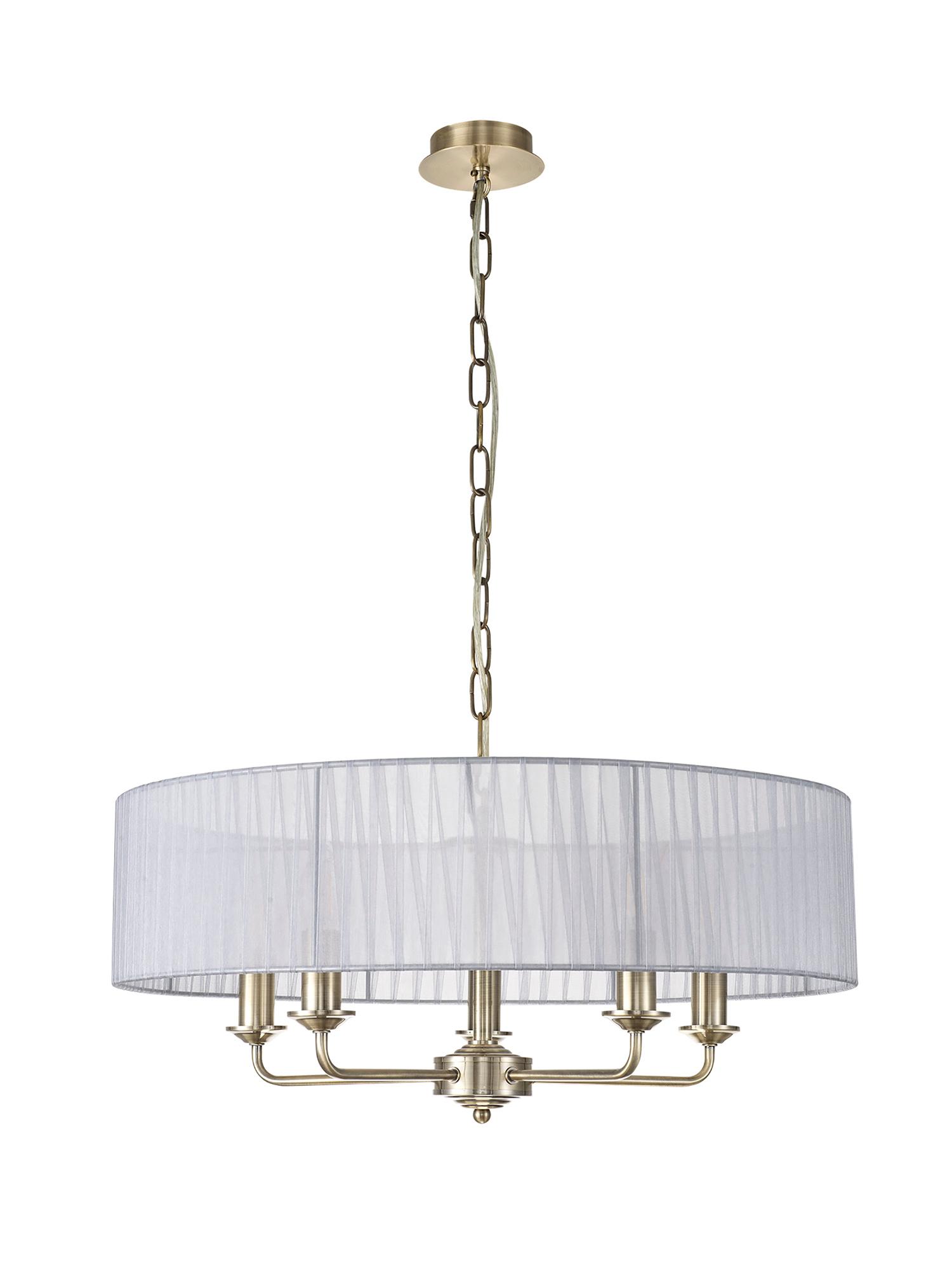 Banyan 5 Light Multi Arm Pendant With 60cm x 15cm Organza Shade Antique Brass/Grey