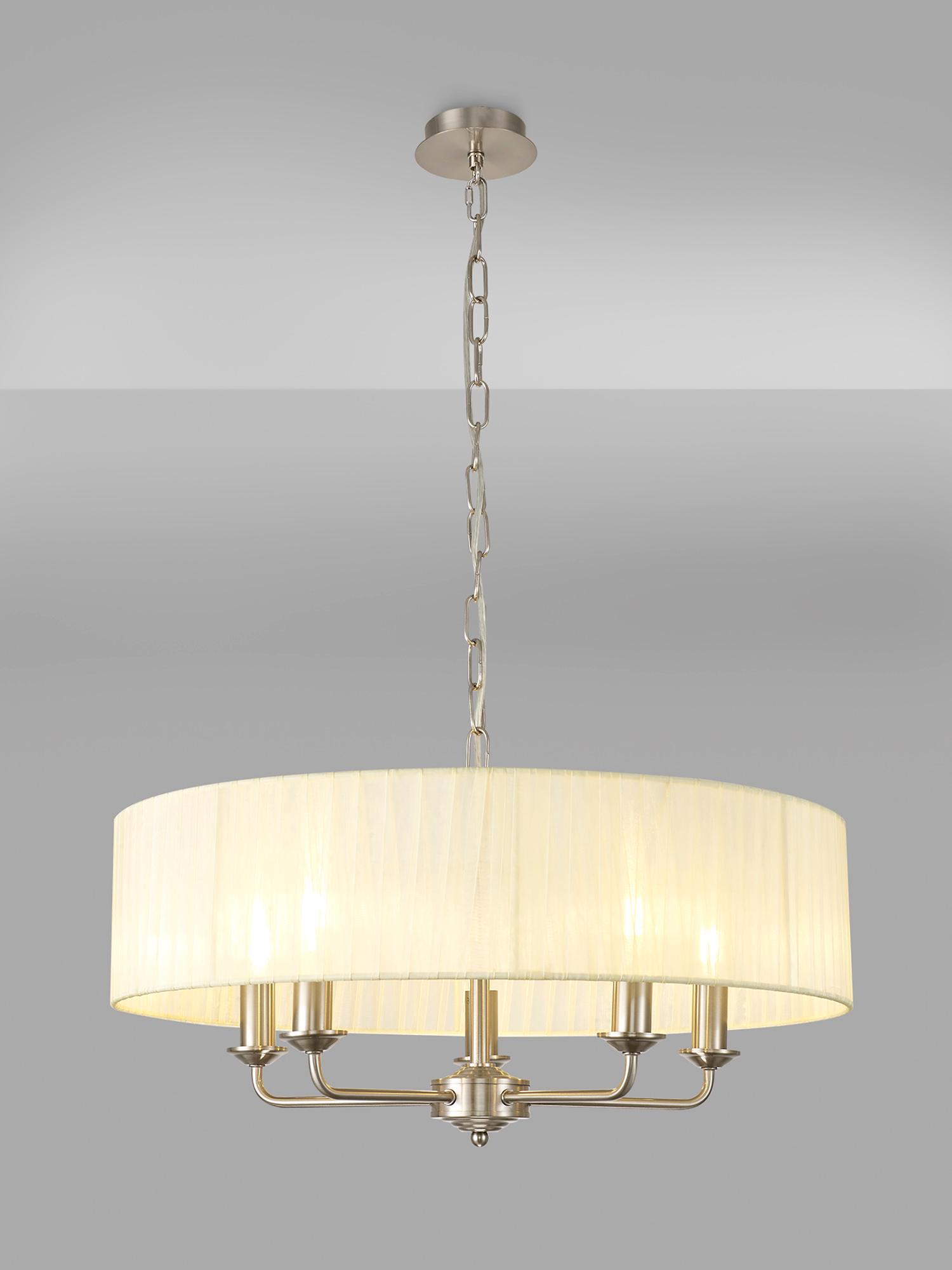 Banyan 5 Light Multi Arm Pendant With 60cm x 15cm Organza Shade Satin Nickel/Cream