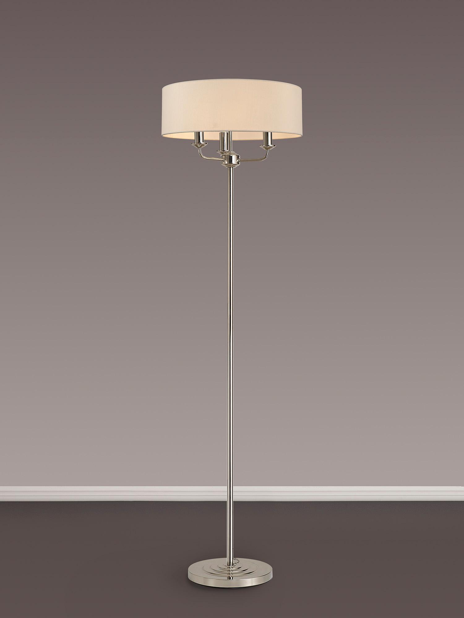 Banyan 3 Light Switched Floor Lamp With 45cm x 15cm Faux Silk Shade, Polished Nickel/Ivory Pearl