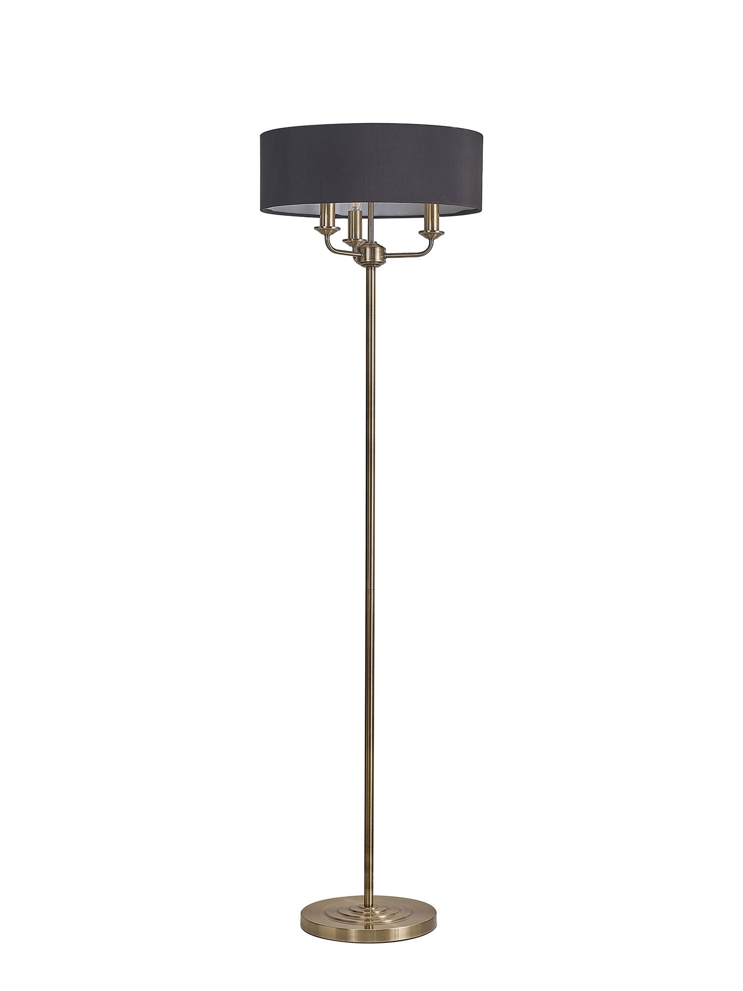 Banyan 3 Light Switched Floor Lamp With 45cm x 15cm Faux Silk Shade, Antique Brass/Black