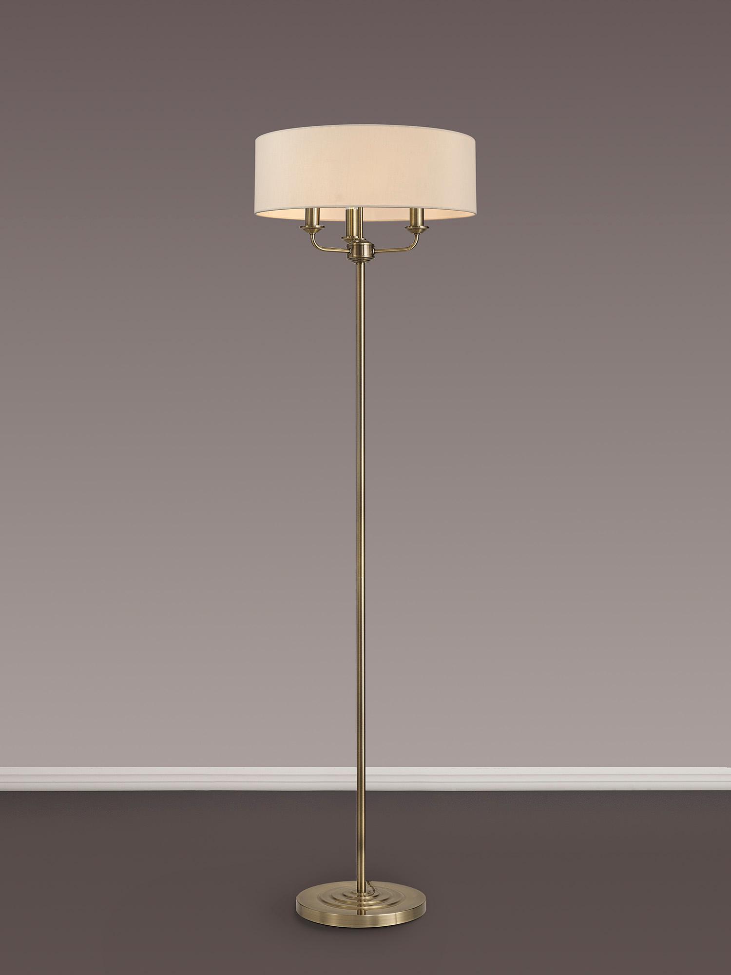 Banyan 3 Light Switched Floor Lamp With 45cm x 15cm Dual Faux Silk Shade, Nude Beige/Moonlight Antique Brass