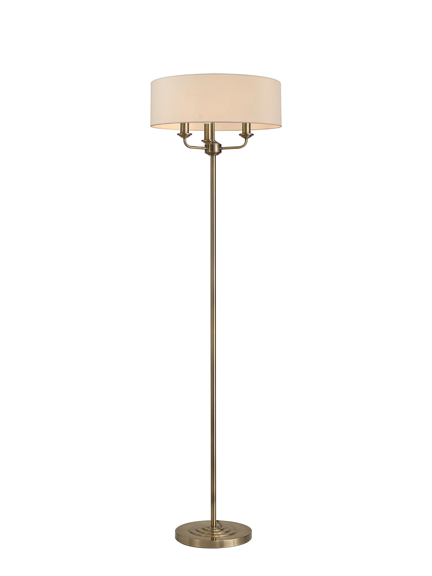 Banyan 3 Light Switched Floor Lamp With 45cm x 15cm Dual Faux Silk Shade, Nude Beige/Moonlight Antique Brass