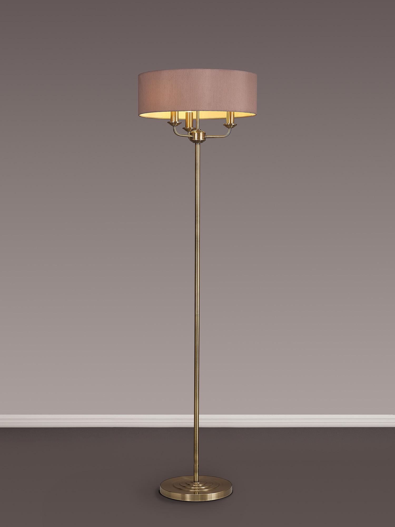 Banyan 3 Light Switched Floor Lamp With 45cm x 15cm Dual Faux Silk Shade, Taupe/Halo Gold Antique Brass