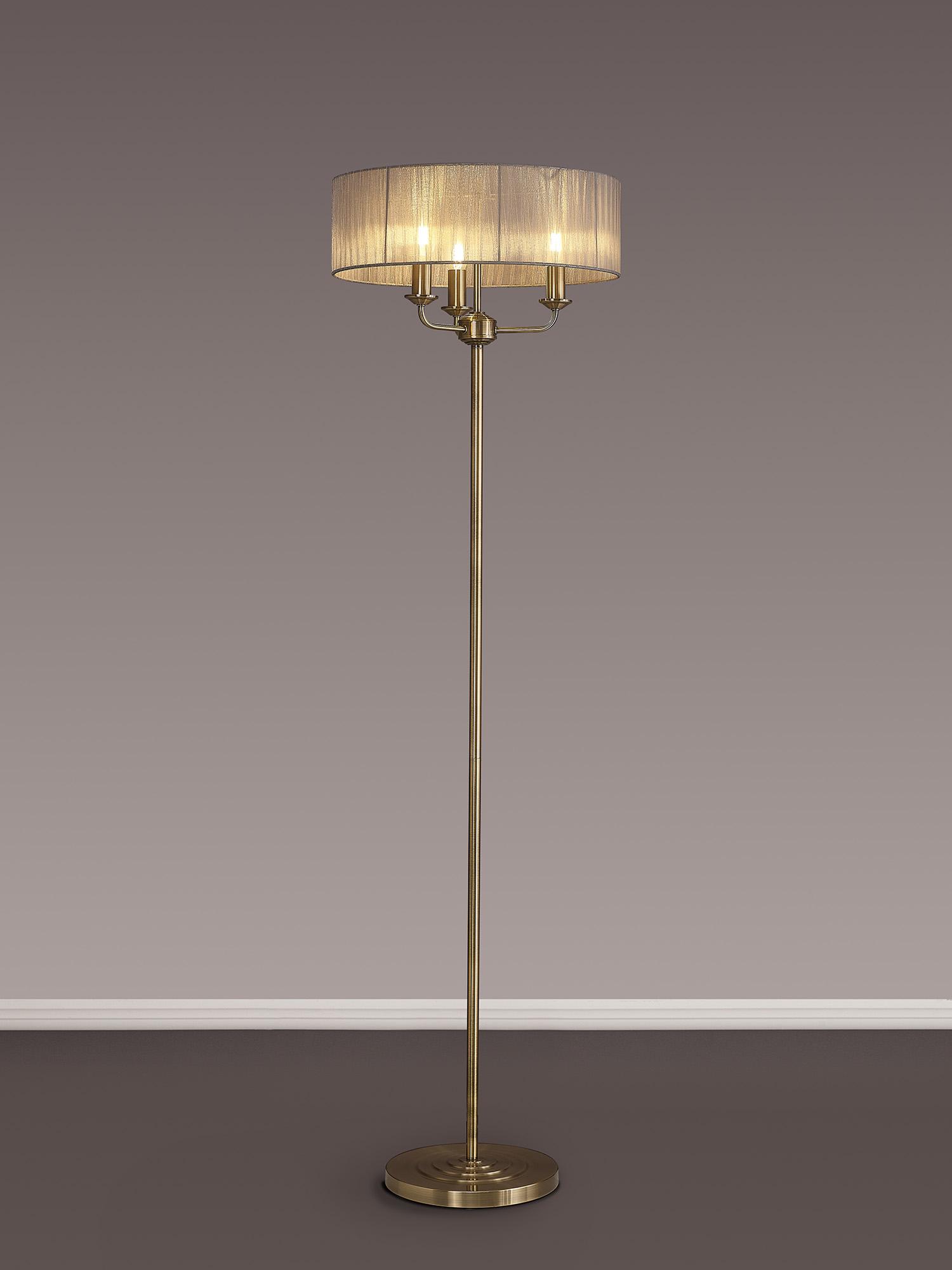 Banyan 3 Light Switched Floor Lamp With 45cm x 15cm Grey Organza Shade Antique Brass/Grey