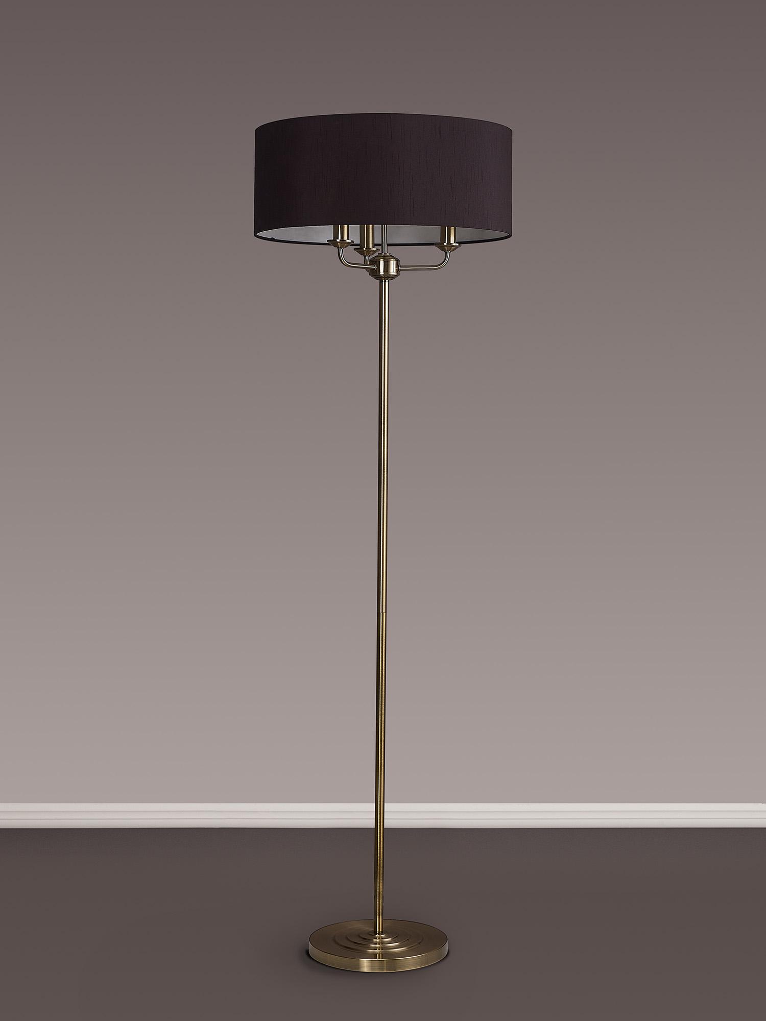 Banyan 3 Light Switched Floor Lamp With 50cm x 20cm Faux Silk Shade, Black/White Laminate Antique Brass