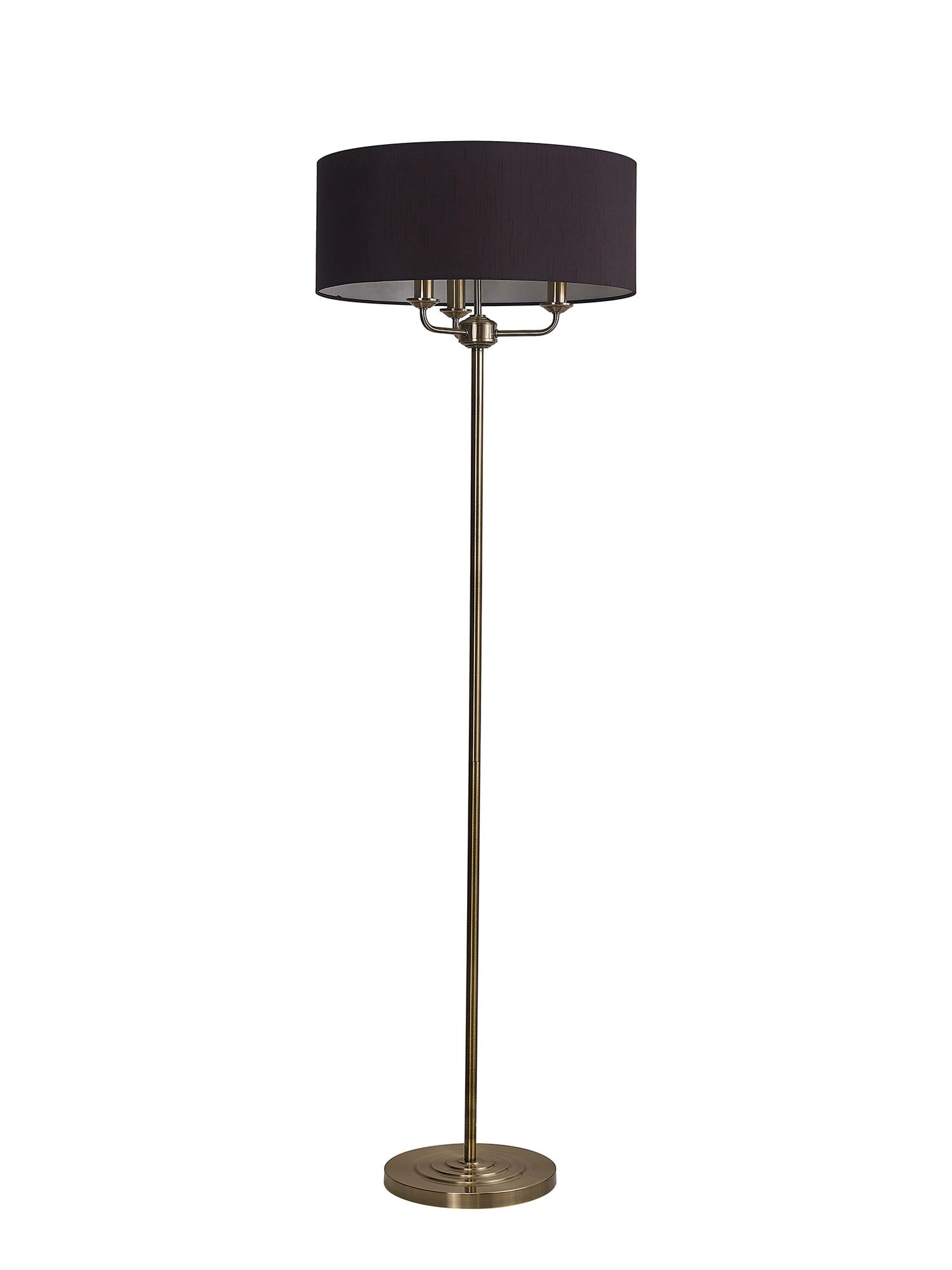 Banyan 3 Light Switched Floor Lamp With 50cm x 20cm Faux Silk Shade, Black/White Laminate Antique Brass