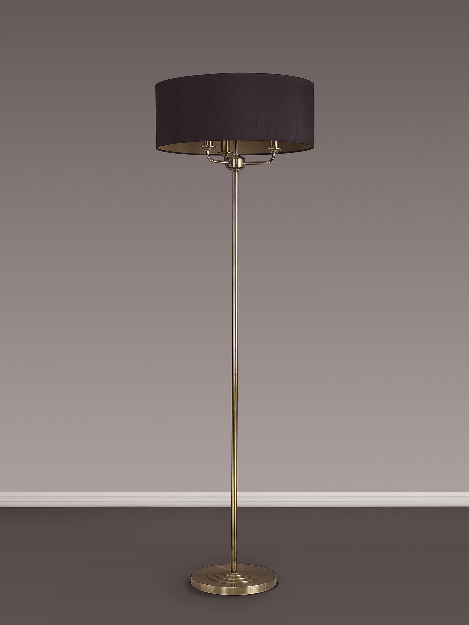 Banyan 3 Light Switched Floor Lamp With 50cm x 20cm Dual Faux Silk Shade, Black/Green Olive Antique Brass