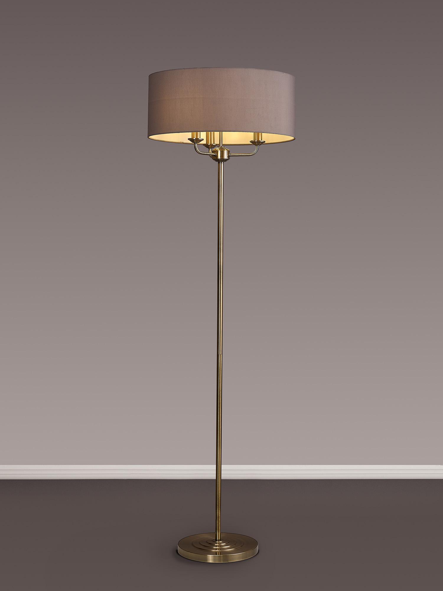 Banyan 3 Light Switched Floor Lamp With 50cm x 20cm Faux Silk Shade, Grey/White Laminate Antique Brass