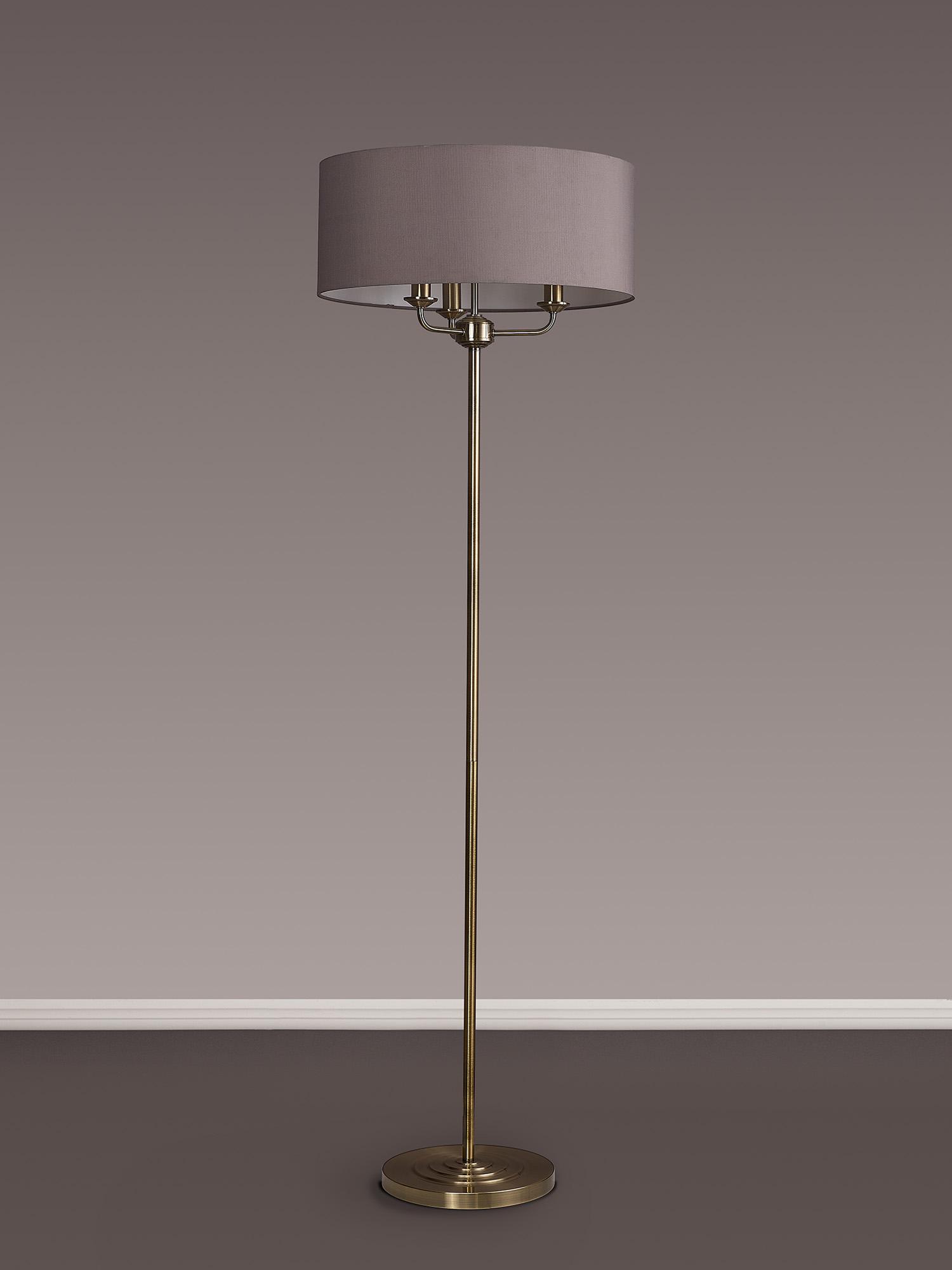 Banyan 3 Light Switched Floor Lamp With 50cm x 20cm Faux Silk Shade, Grey/White Laminate Antique Brass
