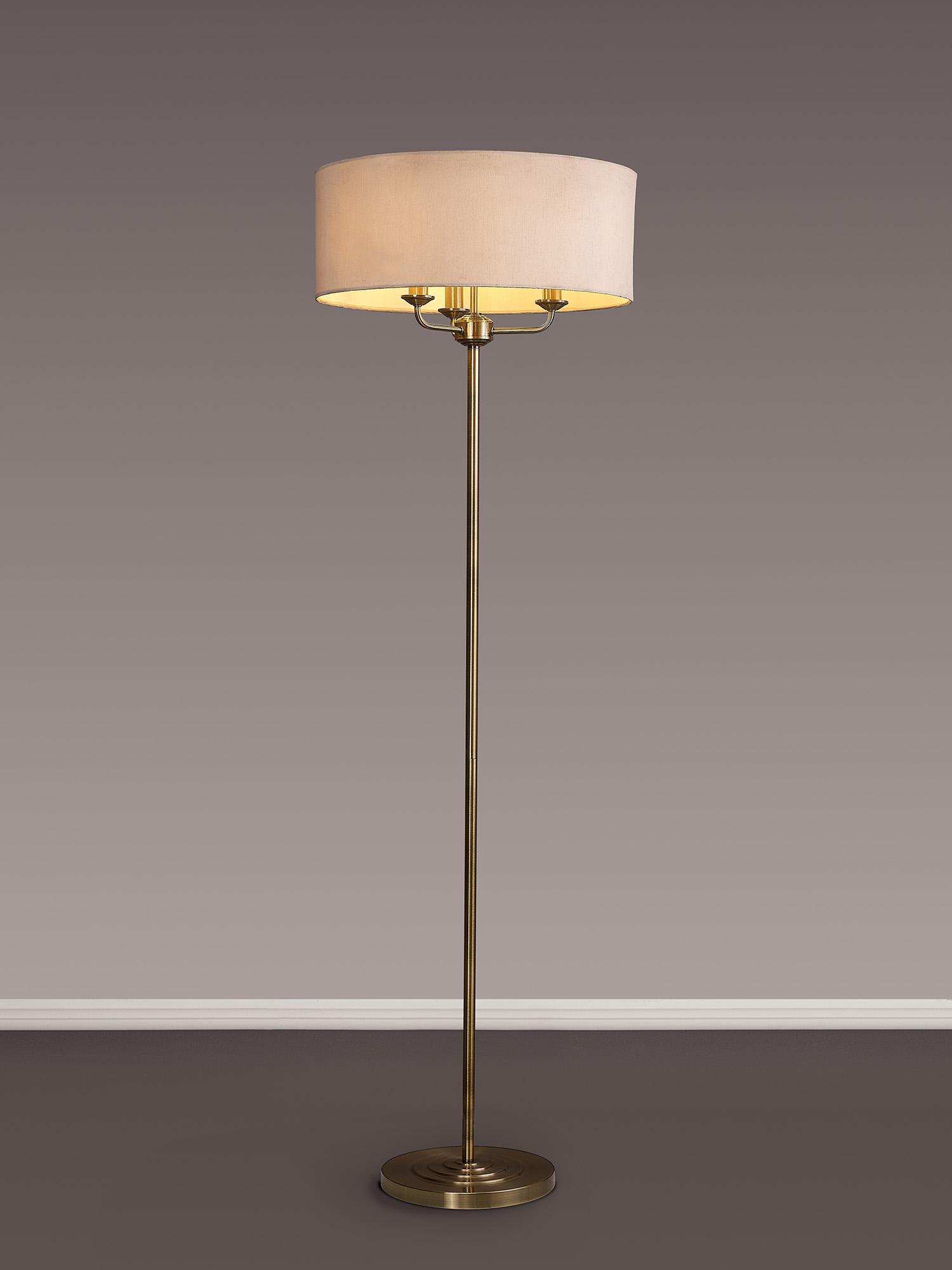 Banyan 3 Light Switched Floor Lamp With 50cm x 20cm Dual Faux Silk Shade, Nude Beige/Moonlight Antique Brass
