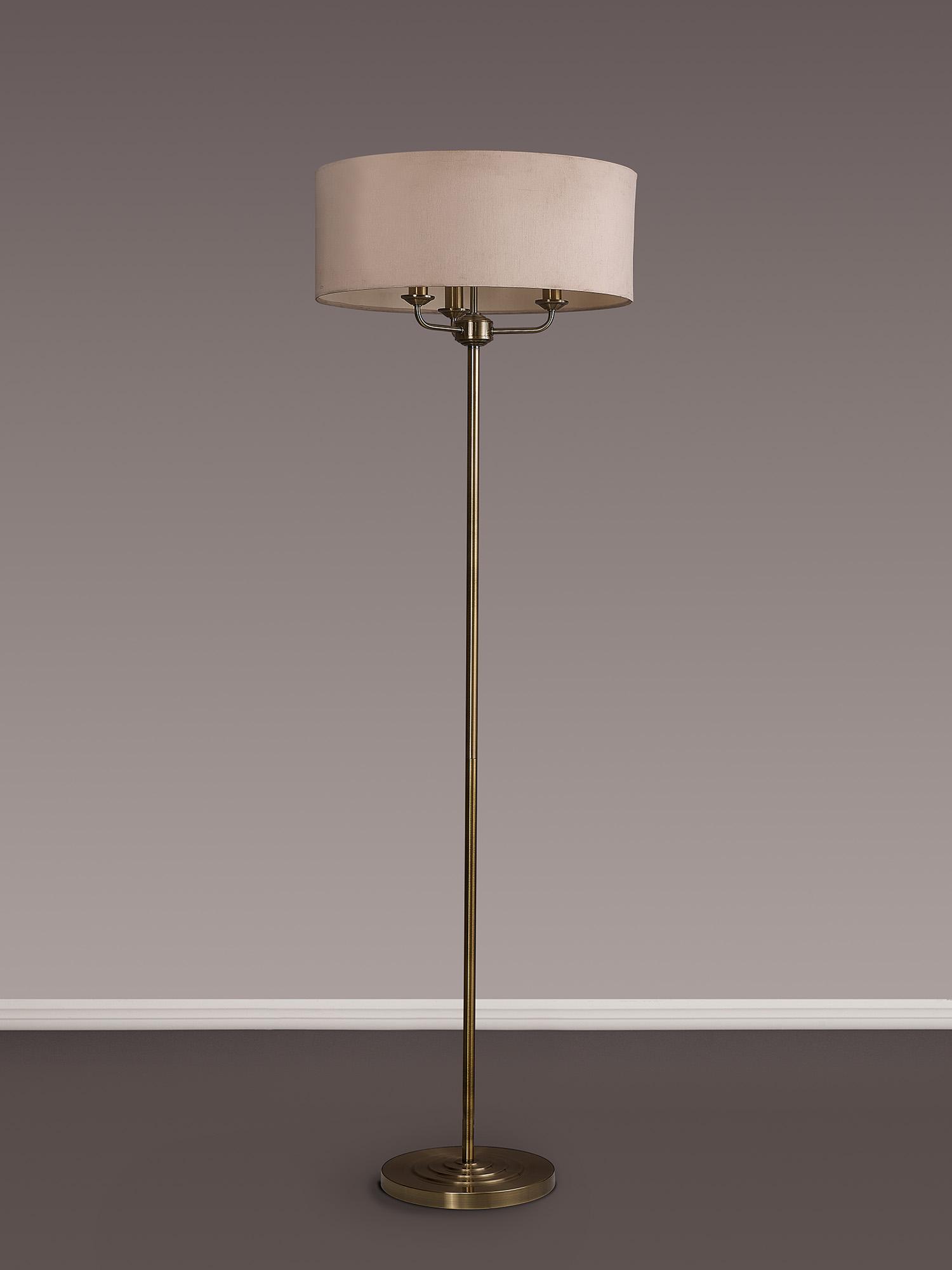 Banyan 3 Light Switched Floor Lamp With 50cm x 20cm Dual Faux Silk Shade, Nude Beige/Moonlight Antique Brass