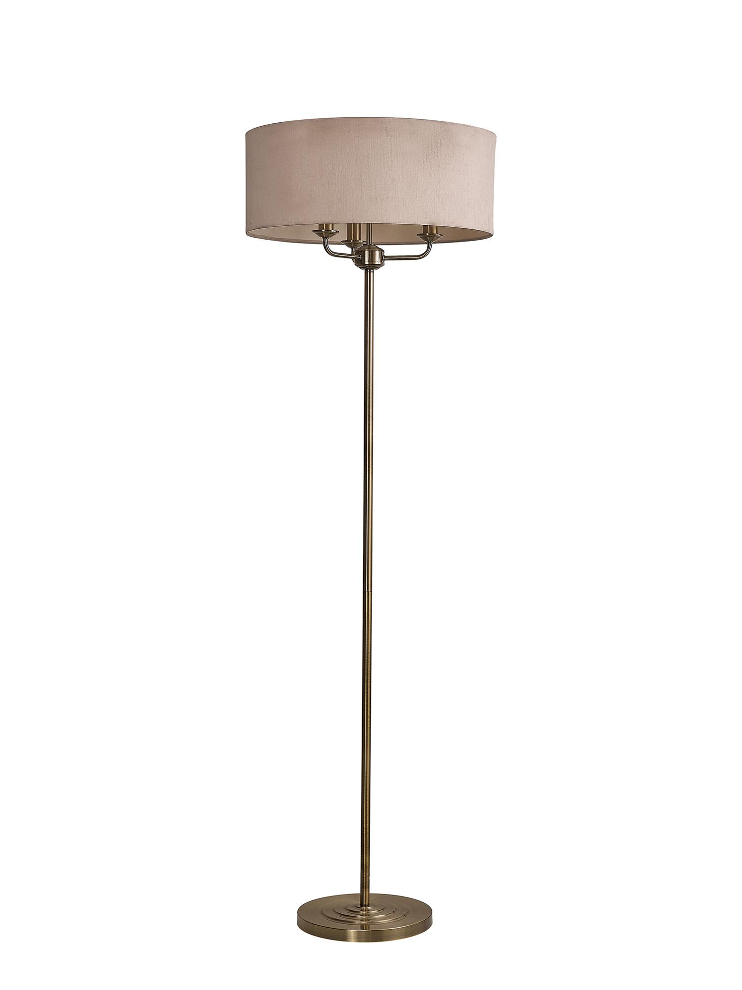 Banyan 3 Light Switched Floor Lamp With 50cm x 20cm Dual Faux Silk Shade, Nude Beige/Moonlight Antique Brass
